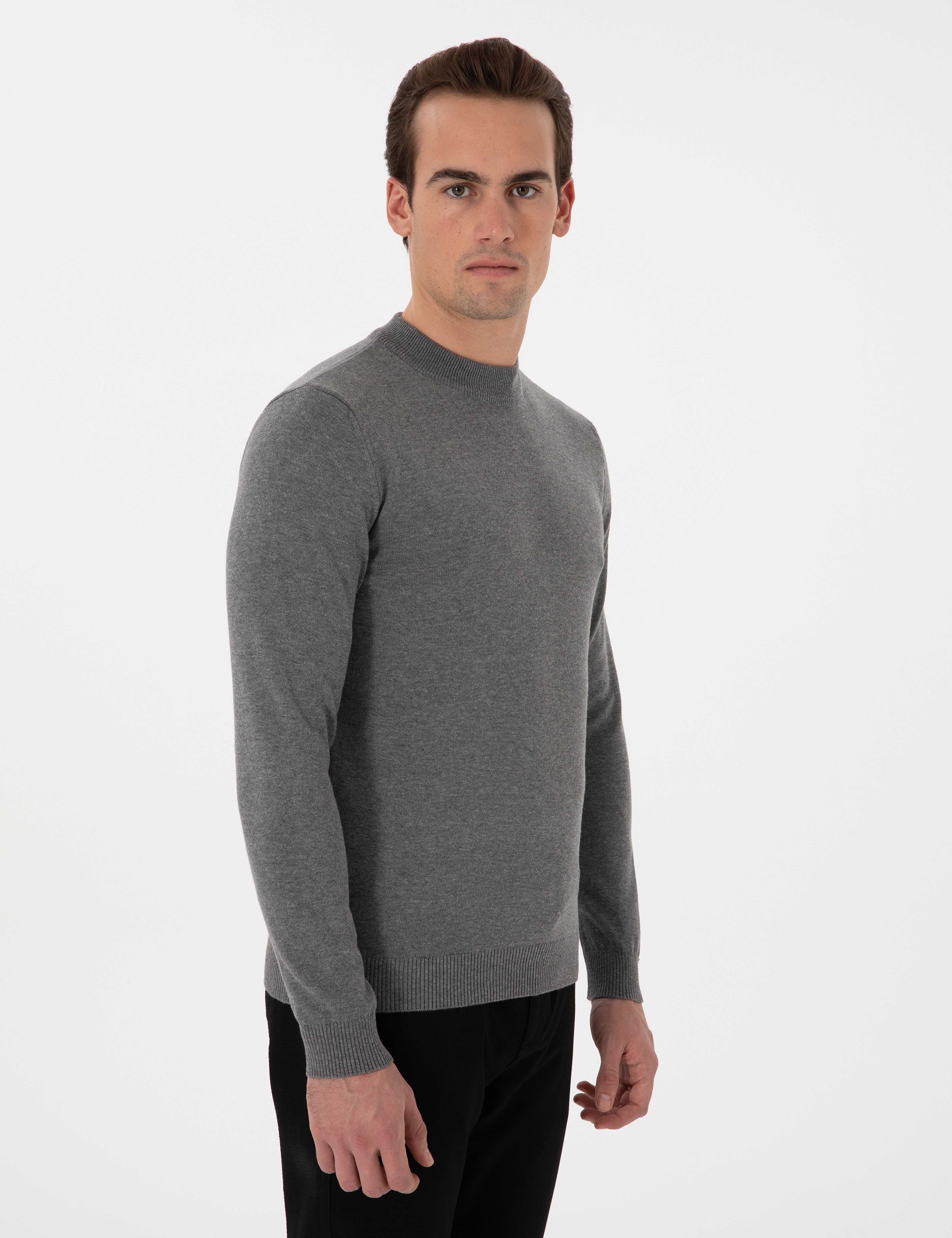 Gri Melanj Slim Fit Çeyrek Yaka Basic Triko Kazak