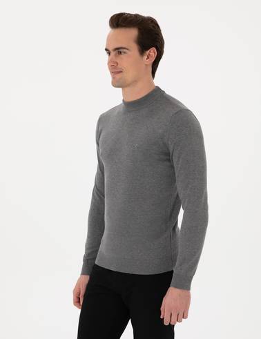 Gri Melanj Slim Fit Çeyrek Yaka Basic Triko Kazak