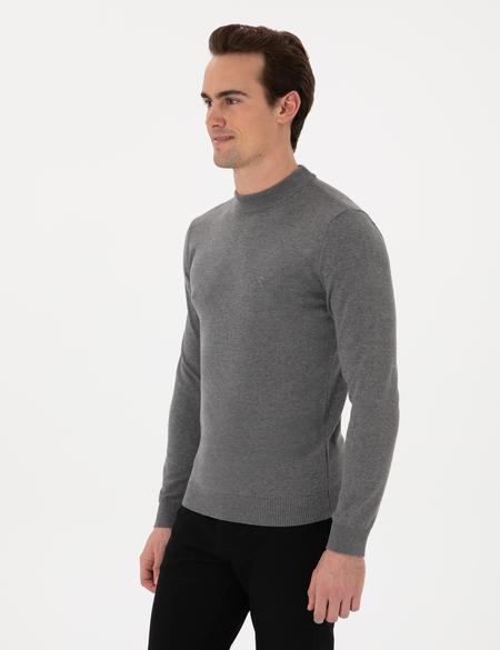 Gri Melanj Slim Fit Çeyrek Yaka Basic Triko Kazak - 50296564071