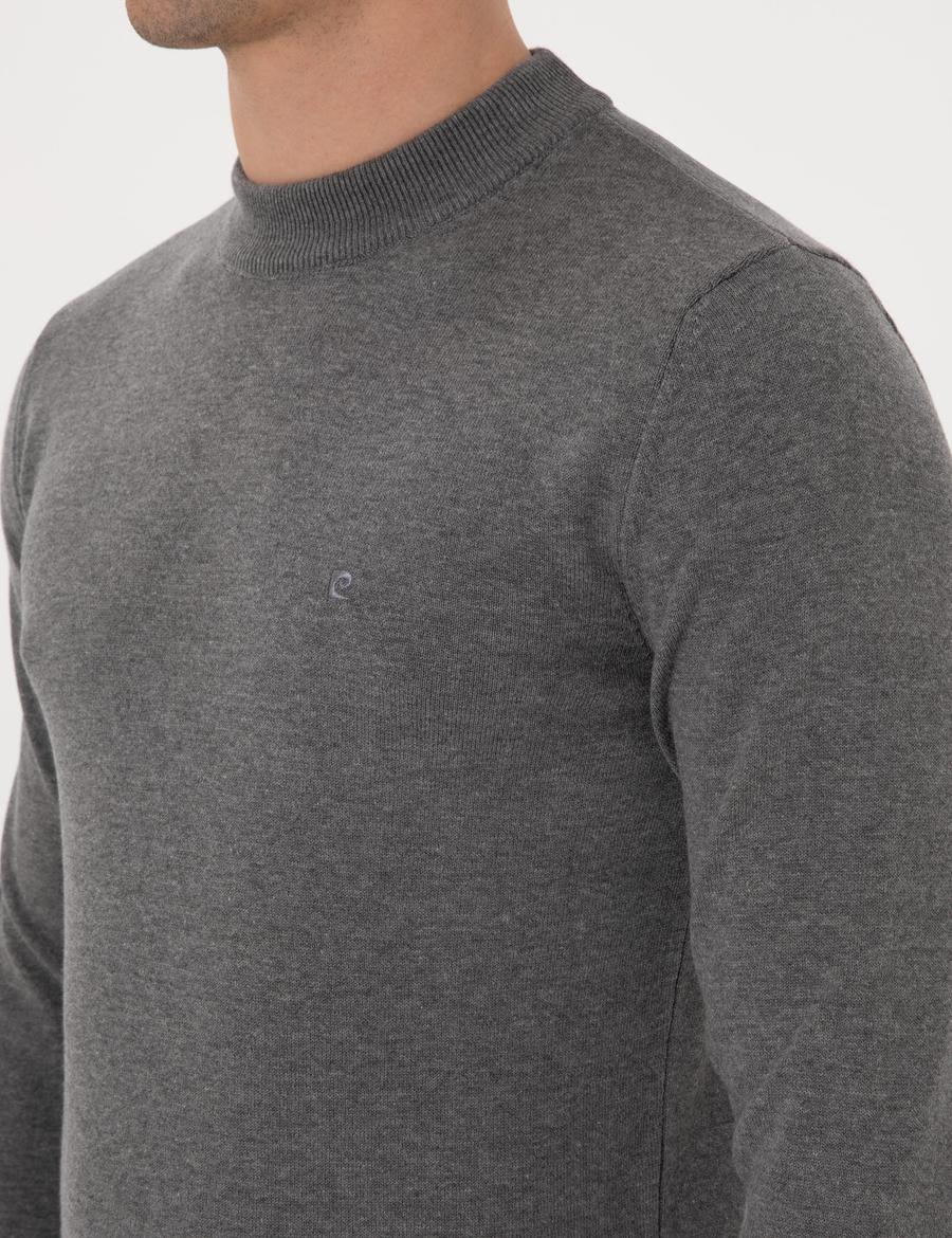 Gri Melanj Slim Fit Çeyrek Yaka Basic Triko Kazak