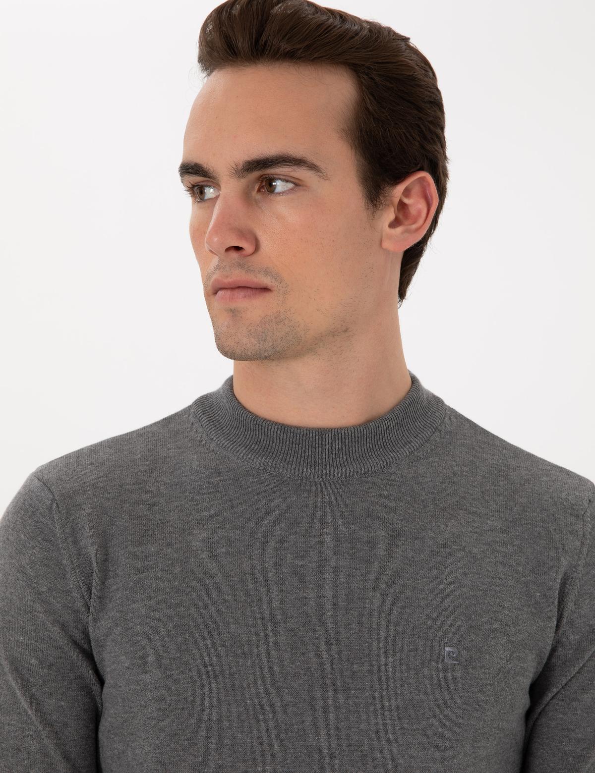 Gri Melanj Slim Fit Çeyrek Yaka Basic Triko Kazak - 50296564071