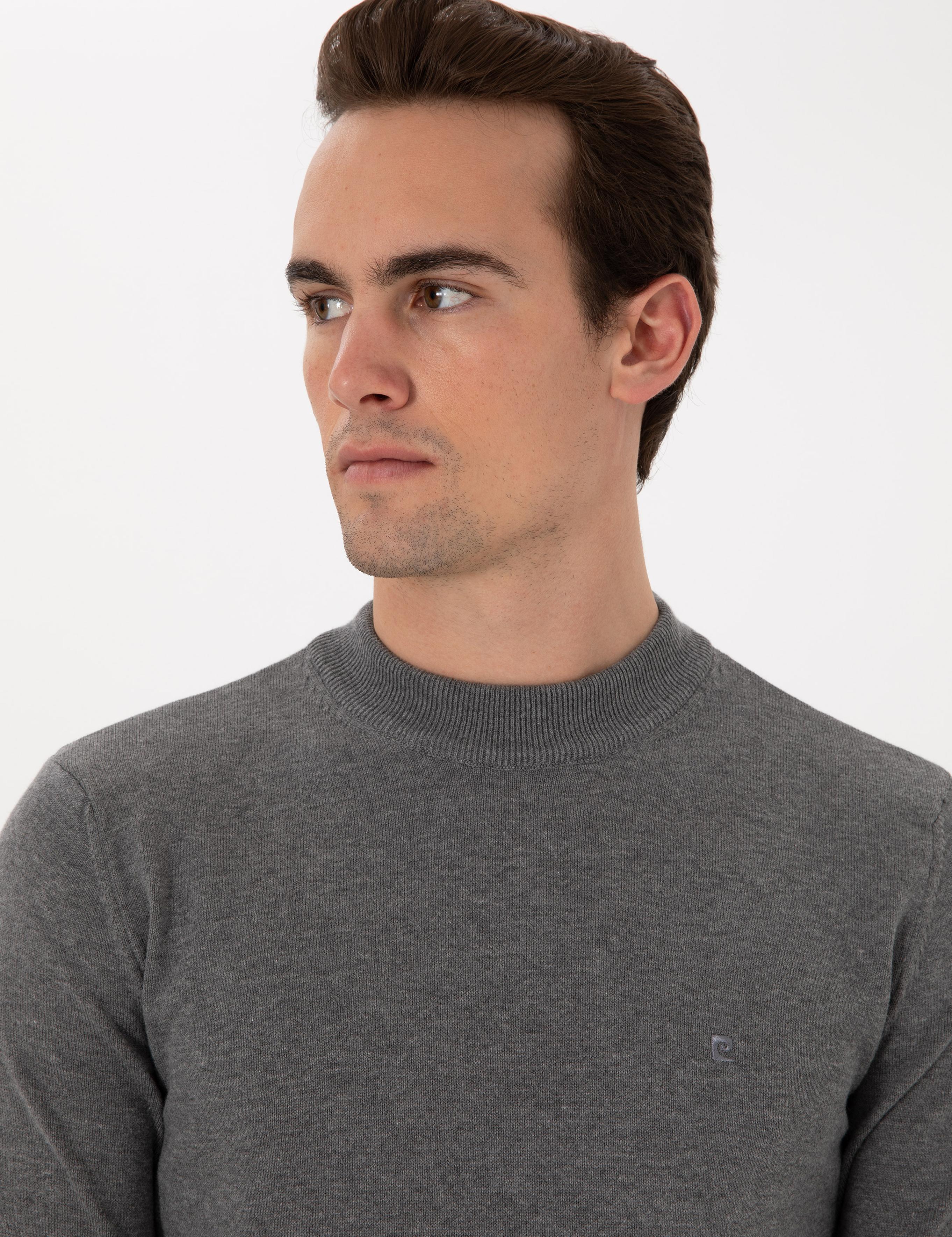 Gri Melanj Slim Fit Çeyrek Yaka Basic Triko Kazak