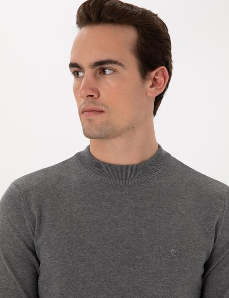 Gri Melanj Slim Fit Çeyrek Yaka Basic Triko Kazak - 50296564071