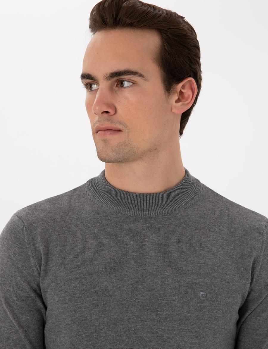 Gri Melanj Slim Fit Çeyrek Yaka Basic Triko Kazak