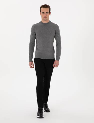 Gri Melanj Slim Fit Çeyrek Yaka Basic Triko Kazak