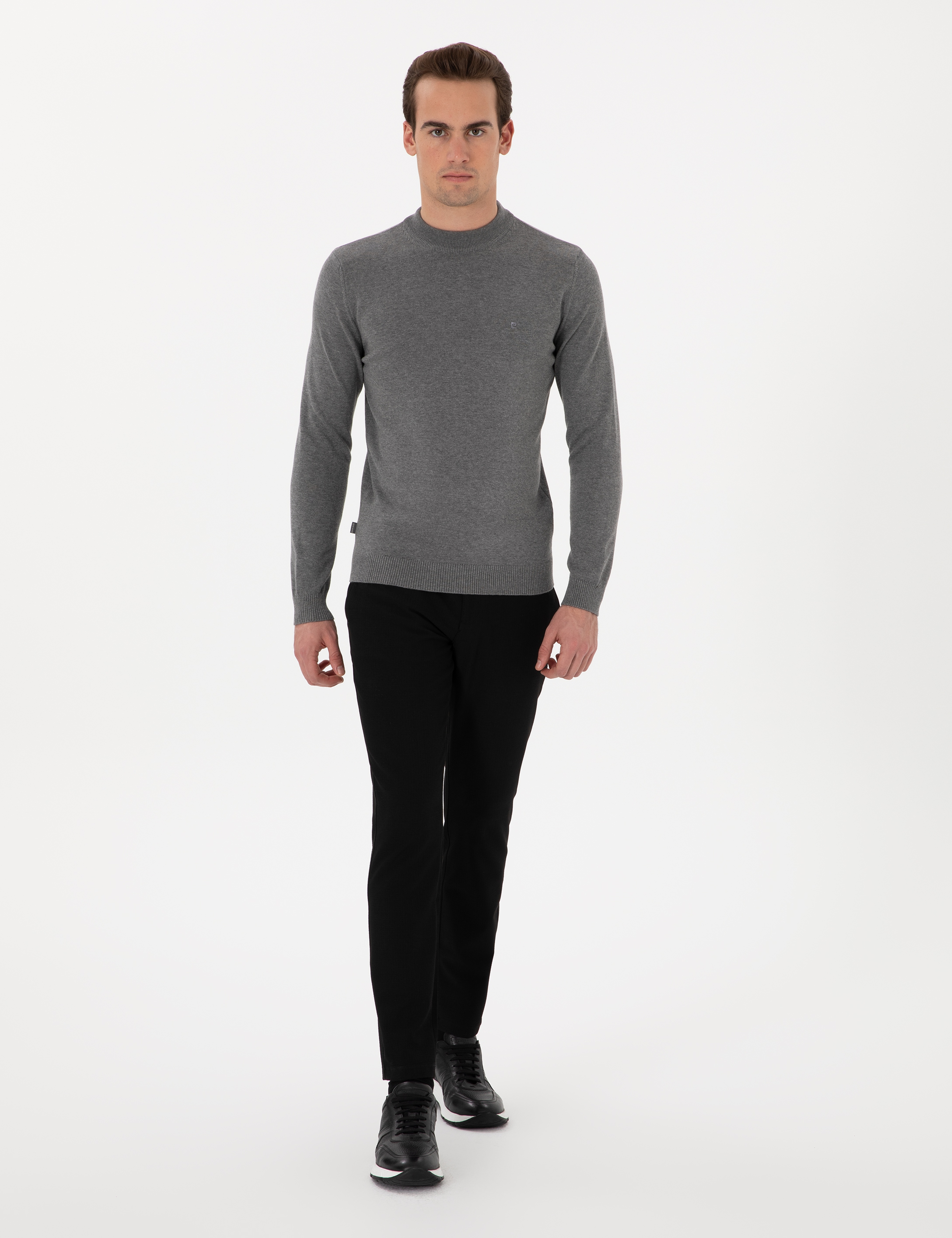Gri Melanj Slim Fit Çeyrek Yaka Basic Triko Kazak - Image 4