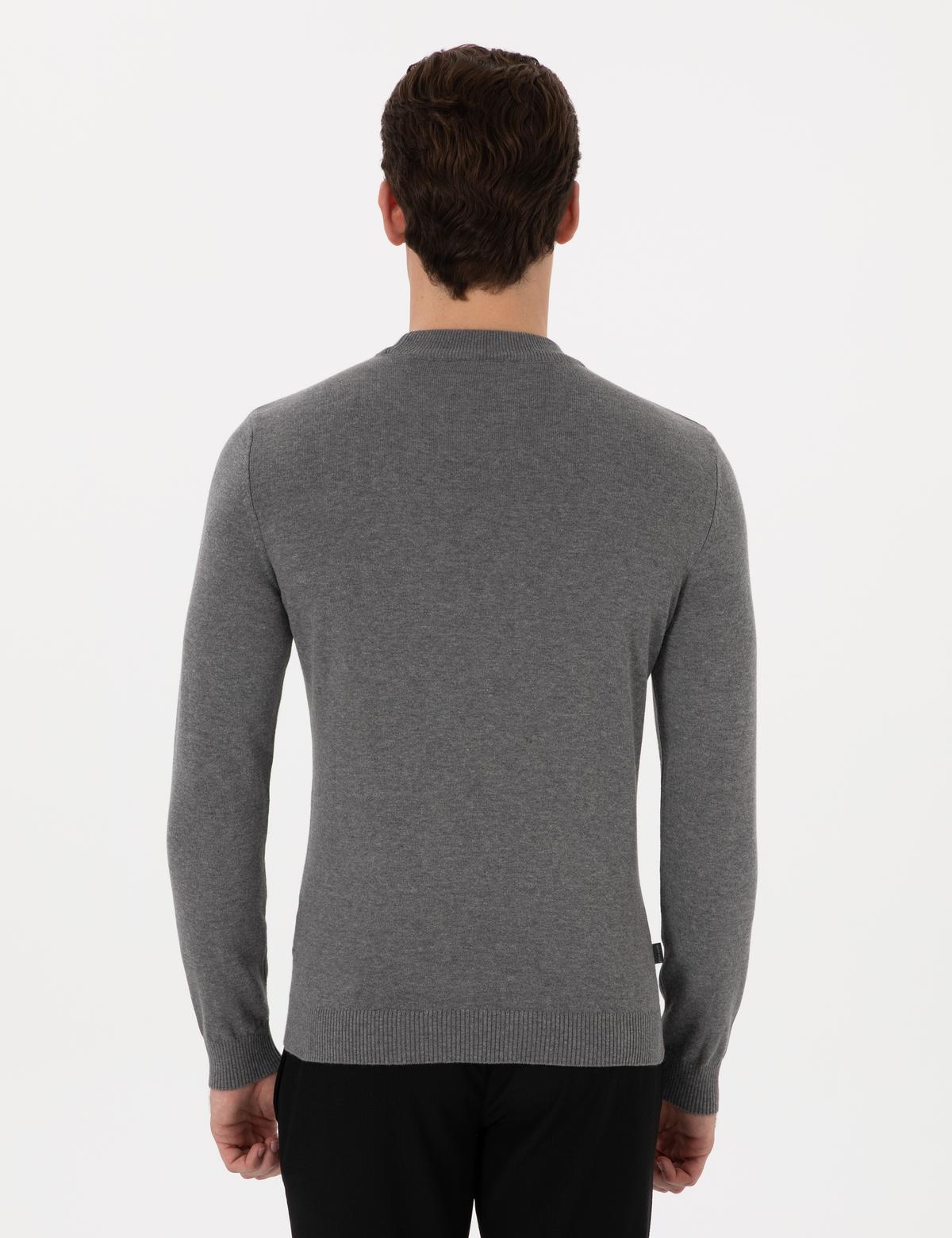 Gri Melanj Slim Fit Çeyrek Yaka Basic Triko Kazak - 50296564071