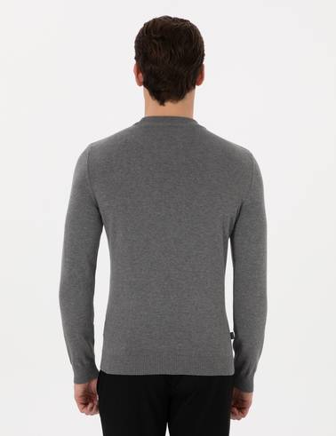 Gri Melanj Slim Fit Çeyrek Yaka Basic Triko Kazak