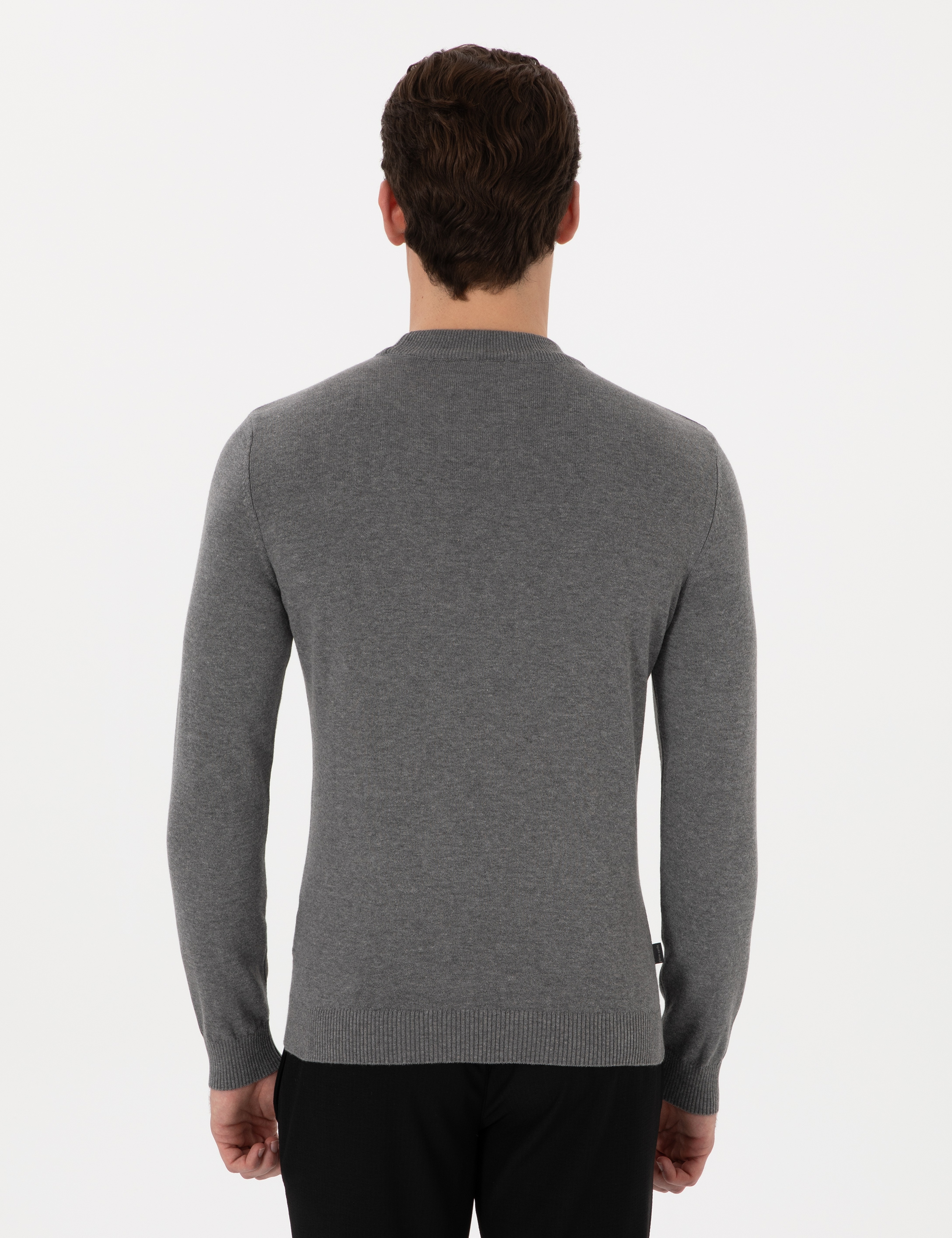 Gri Melanj Slim Fit Çeyrek Yaka Basic Triko Kazak