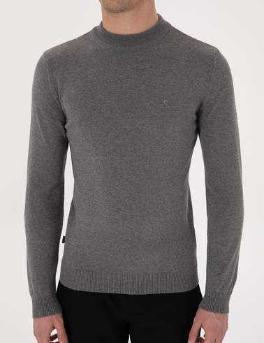 Gri Melanj Slim Fit Çeyrek Yaka Basic Triko Kazak