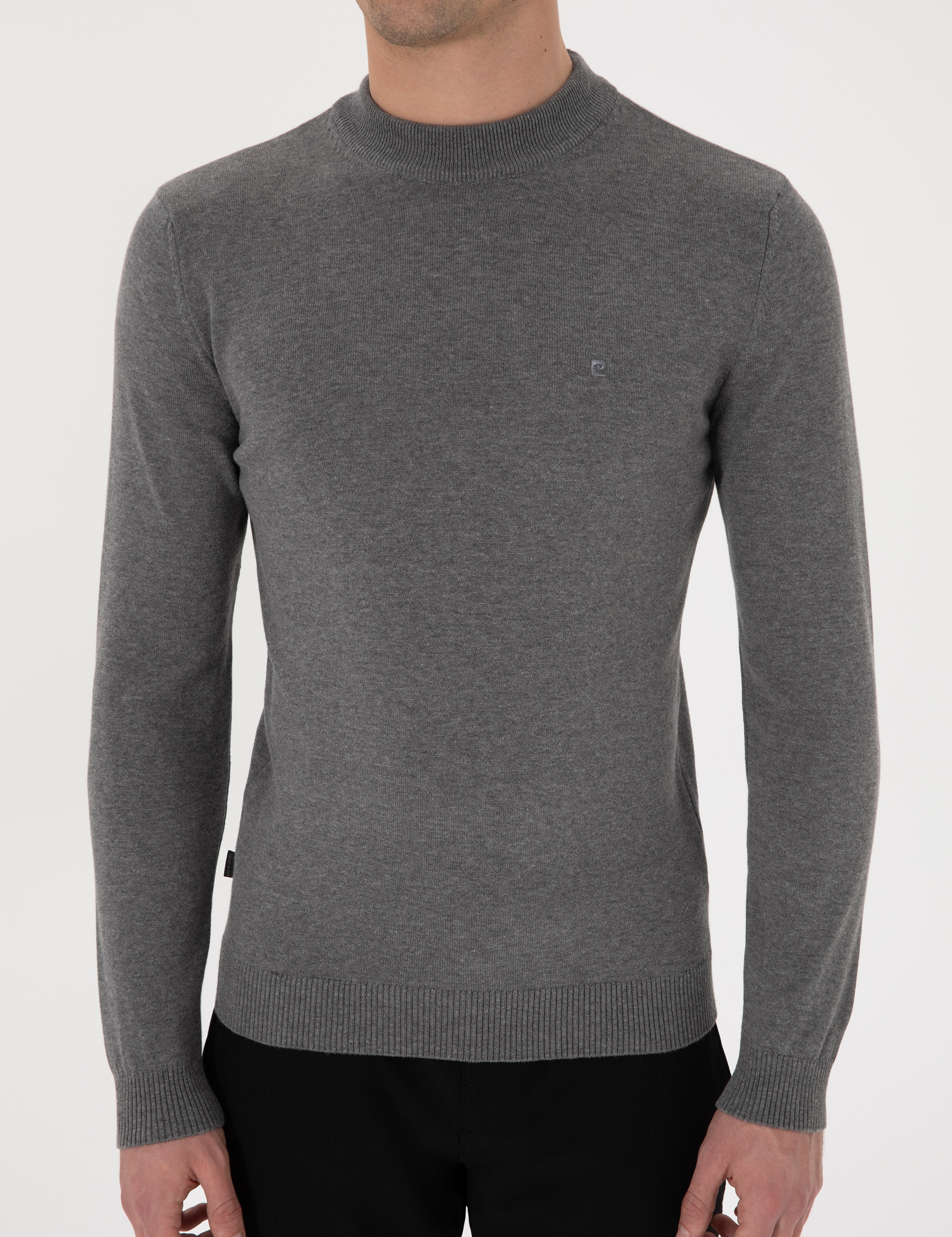 Gri Melanj Slim Fit Çeyrek Yaka Basic Triko Kazak - Image 6