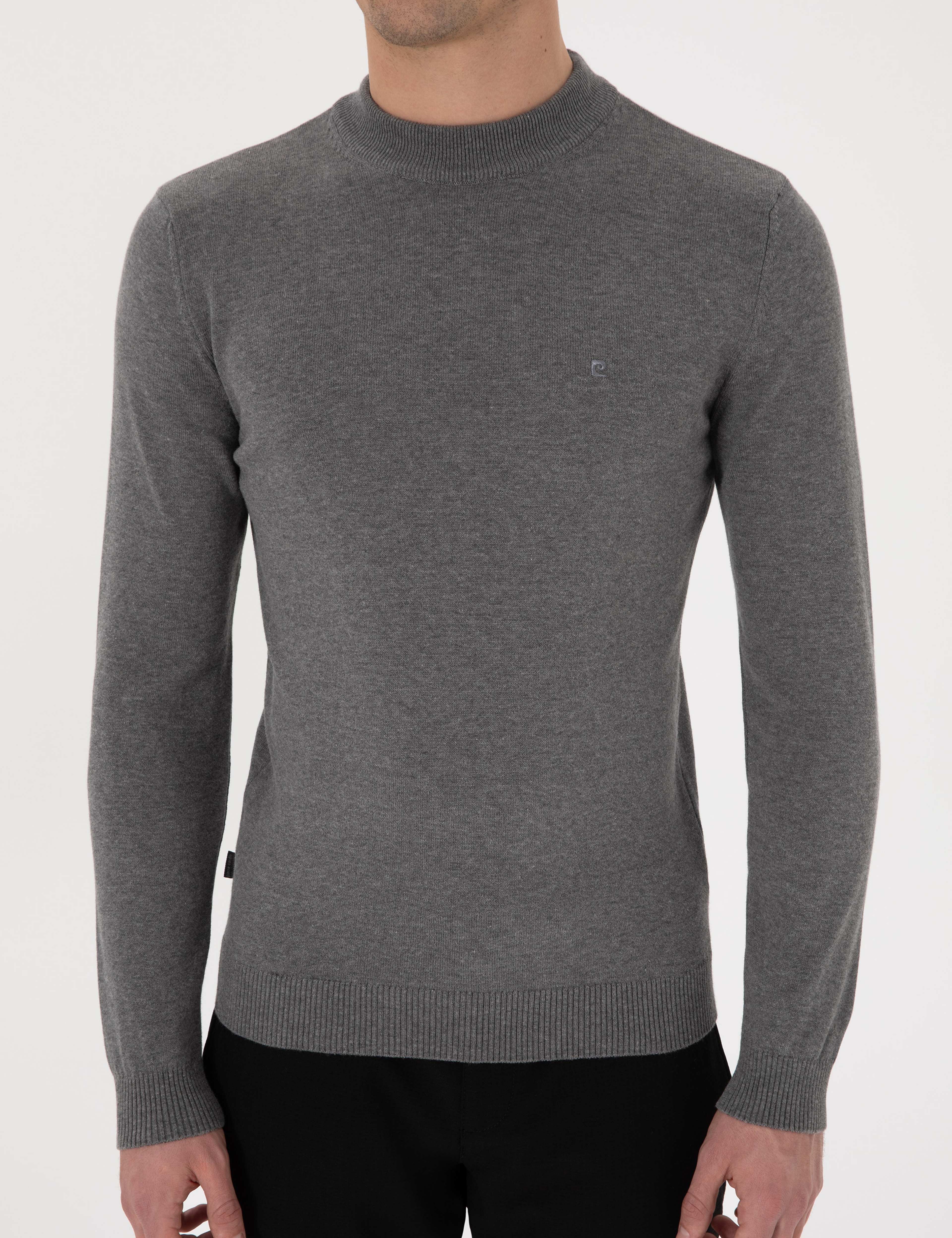 Gri Melanj Slim Fit Çeyrek Yaka Basic Triko Kazak