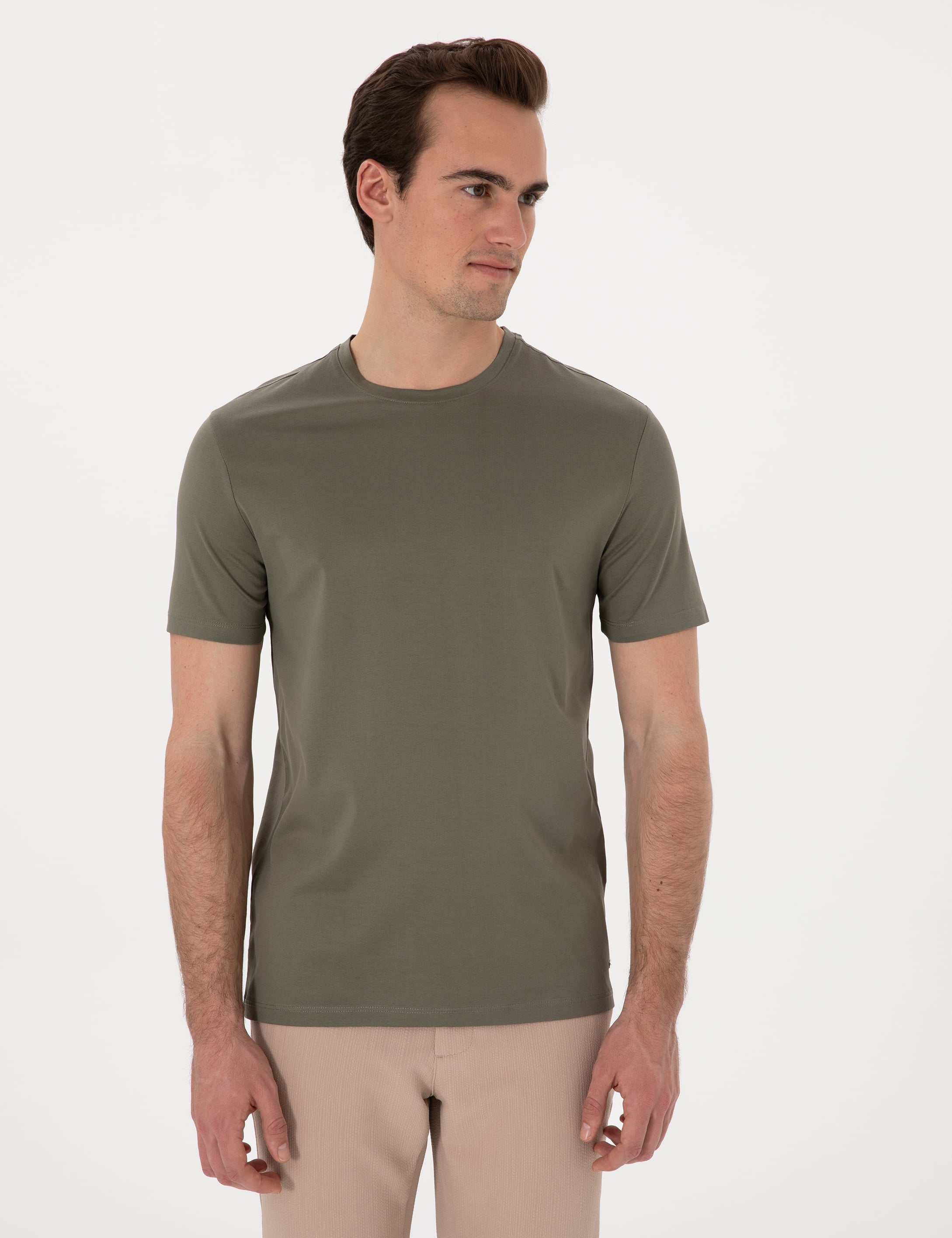 Haki Slim Fit %100 Pamuk Merserize Basic Tişört