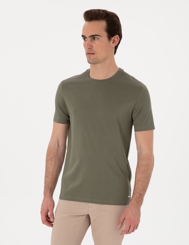 Haki Slim Fit %100 Pamuk Merserize Bisiklet Yaka Basic Tişört