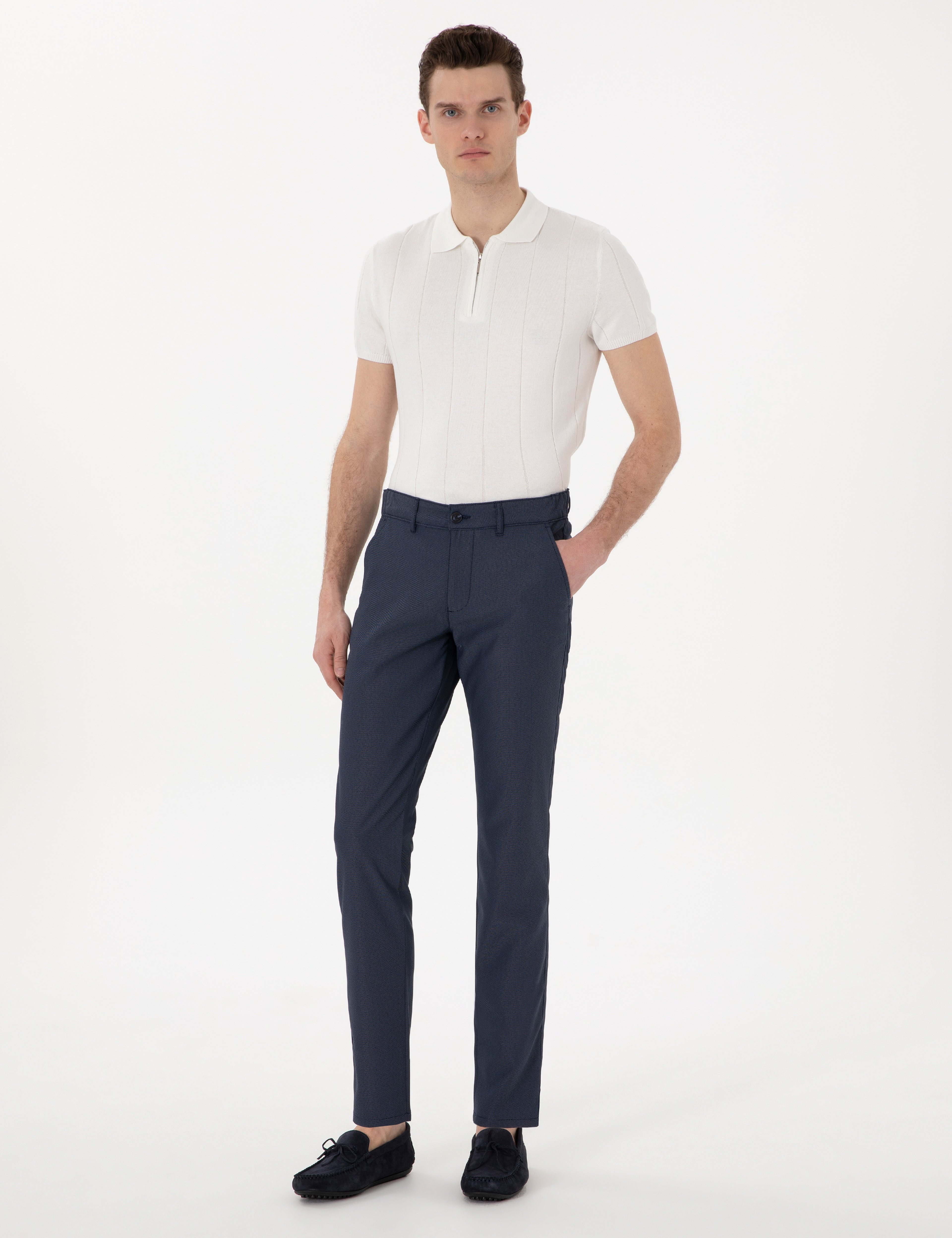 Lacivert Slim Fit Beli Lastikli Kanvas Pantolon - Image 1