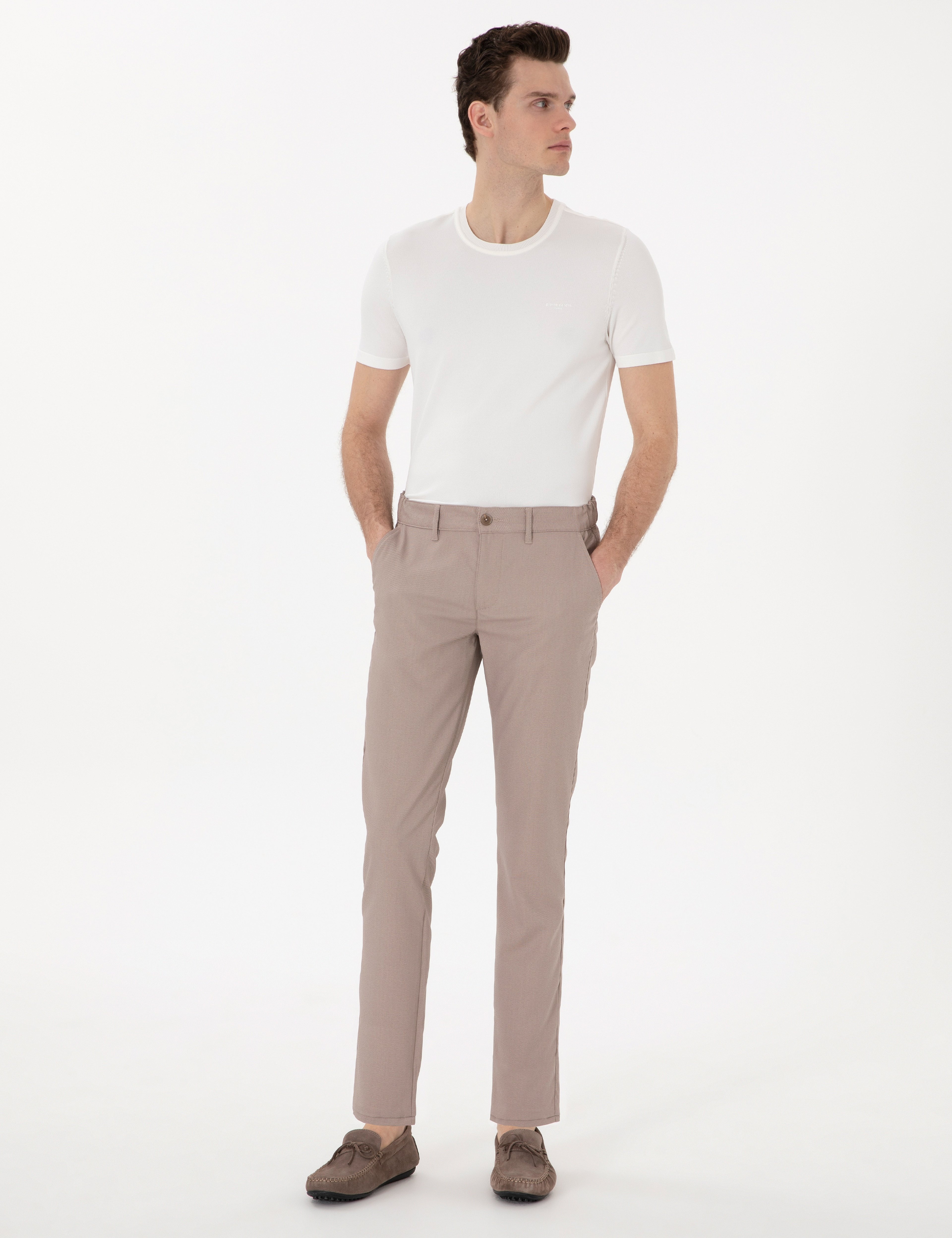 Koyu Bej Slim Fit Beli Lastikli Kanvas Pantolon