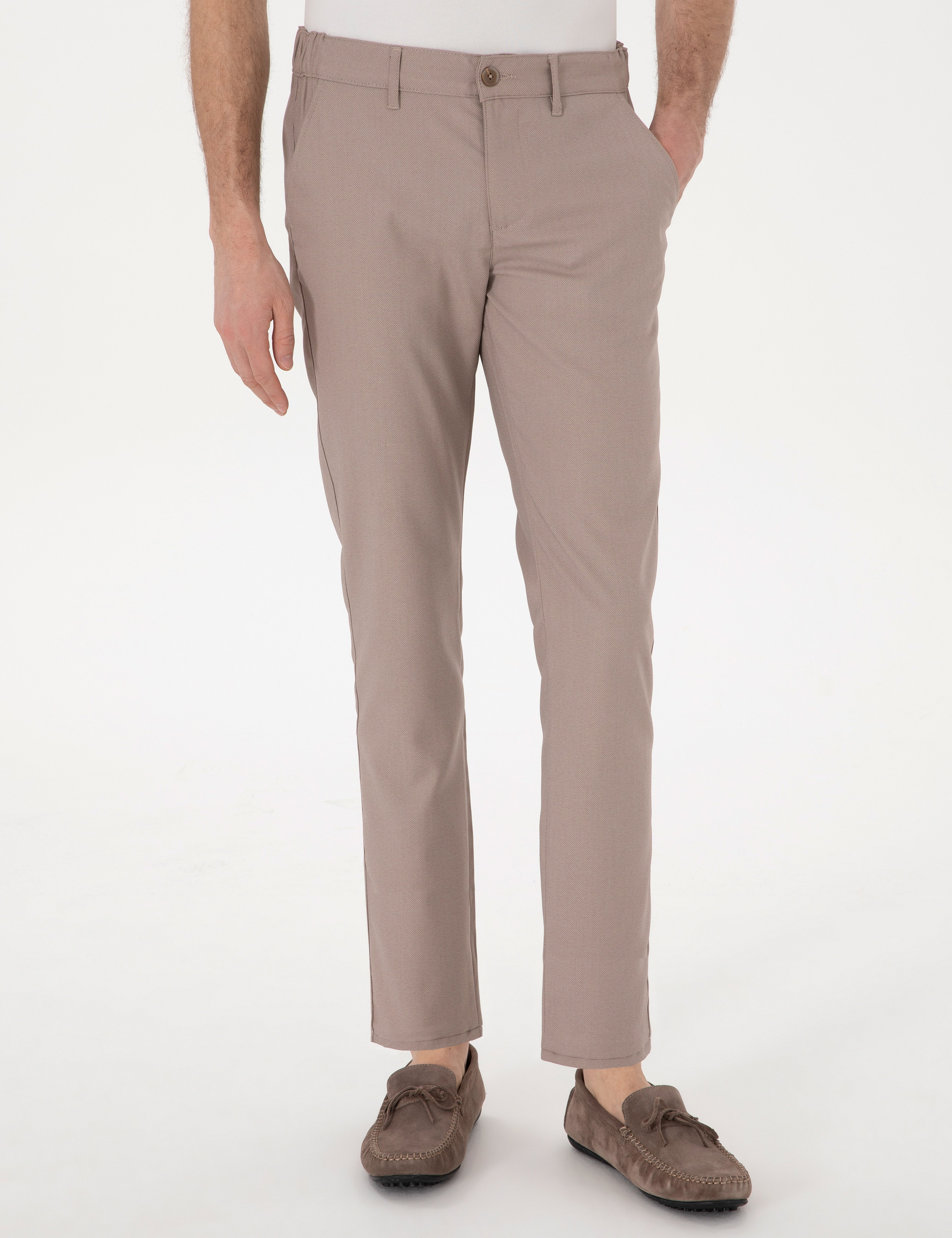 Koyu Bej Slim Fit Beli Lastikli Kanvas Pantolon - Image 2