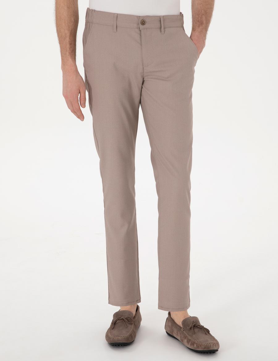 Koyu Bej Slim Fit Beli Lastikli Kanvas Pantolon