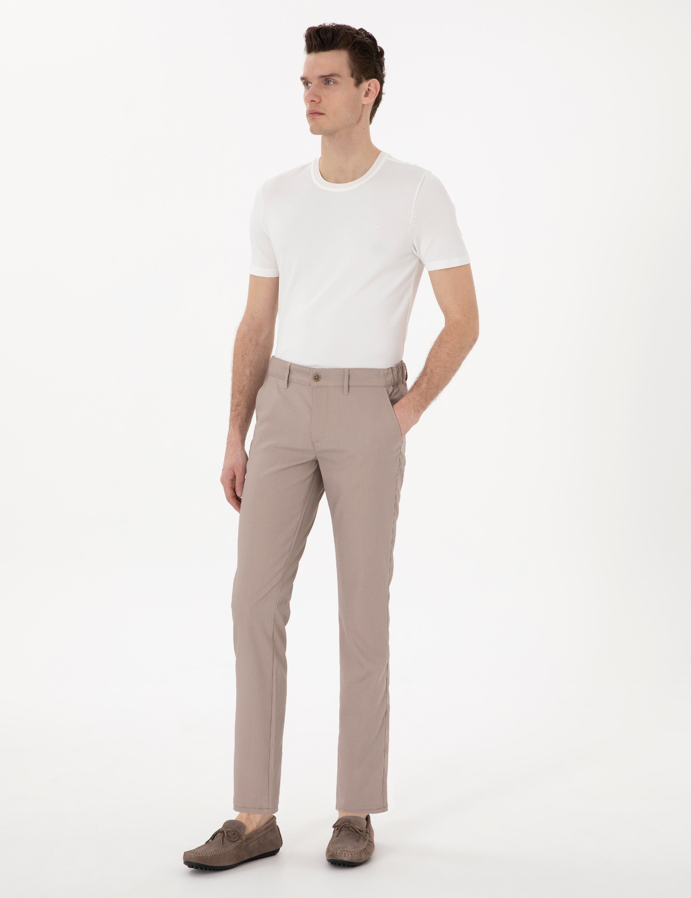 Koyu Bej Slim Fit Beli Lastikli Kanvas Pantolon