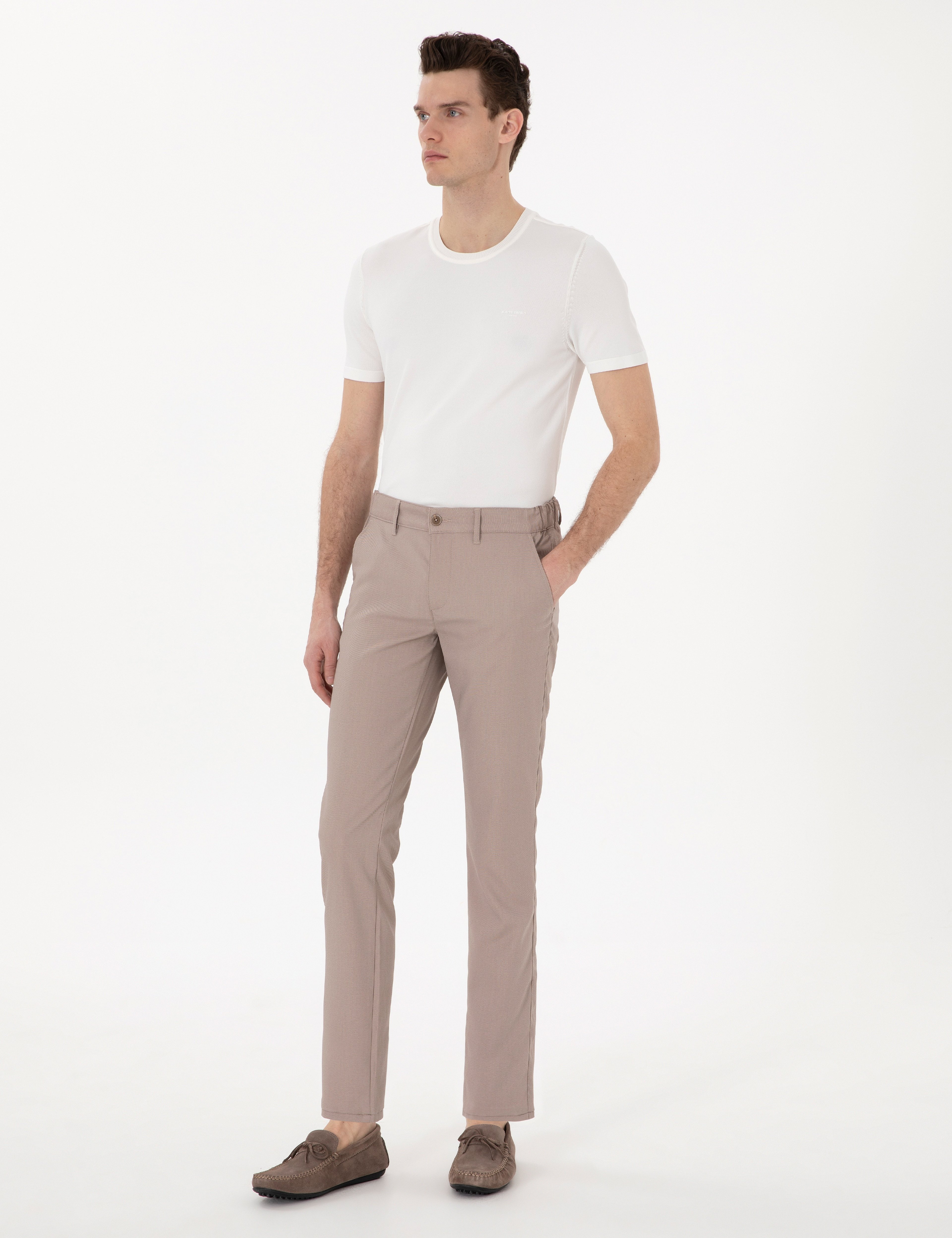 Koyu Bej Slim Fit Beli Lastikli Kanvas Pantolon - Image 1