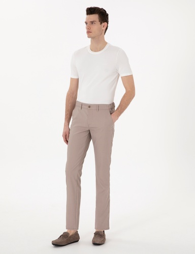 Koyu Bej Slim Fit Beli Lastikli Kanvas Pantolon