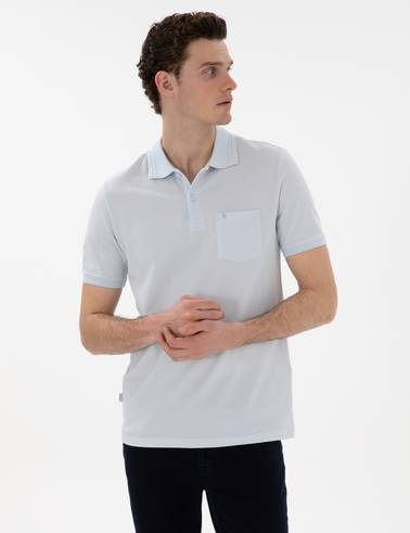 Açık Mavi Regular Fit %100 Pamuk Cepli Polo Yaka Basic Tişört