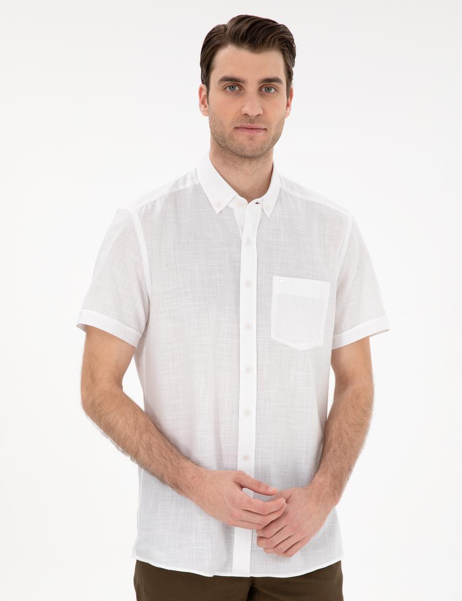Beyaz Keten Görünümlü Regular Fit Kısa Kollu Gömlek