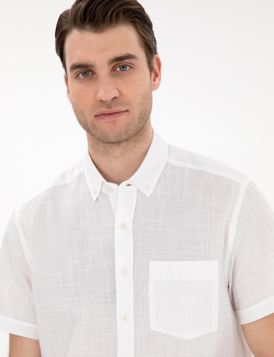 Beyaz Keten Görünümlü Regular Fit Kısa Kollu Gömlek