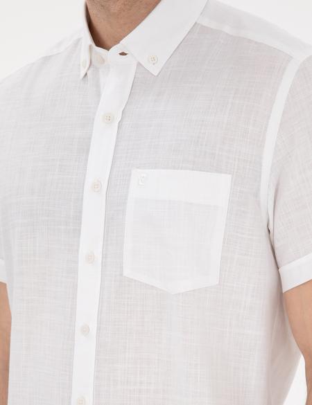 Beyaz Keten Görünümlü Regular Fit Kısa Kollu Gömlek - 50306950032