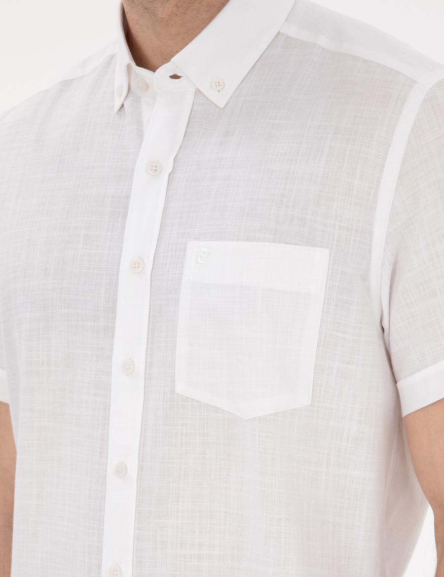 Beyaz Keten Görünümlü Regular Fit Kısa Kollu Gömlek
