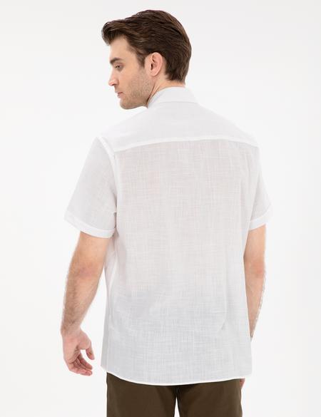 Beyaz Keten Görünümlü Regular Fit Kısa Kollu Gömlek - 50306950032