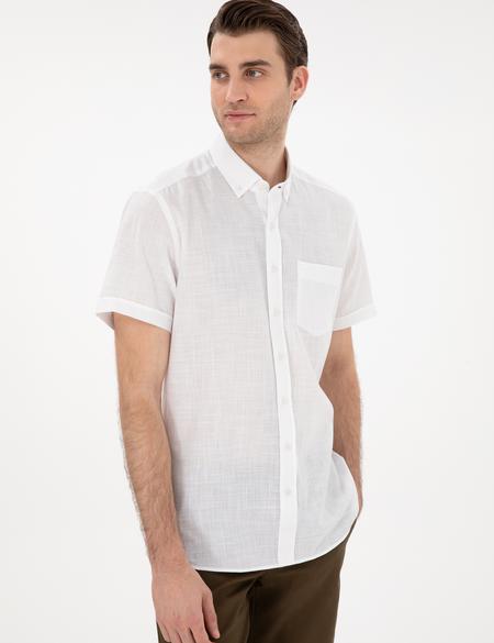 Beyaz Keten Görünümlü Regular Fit Kısa Kollu Gömlek - 50306950032