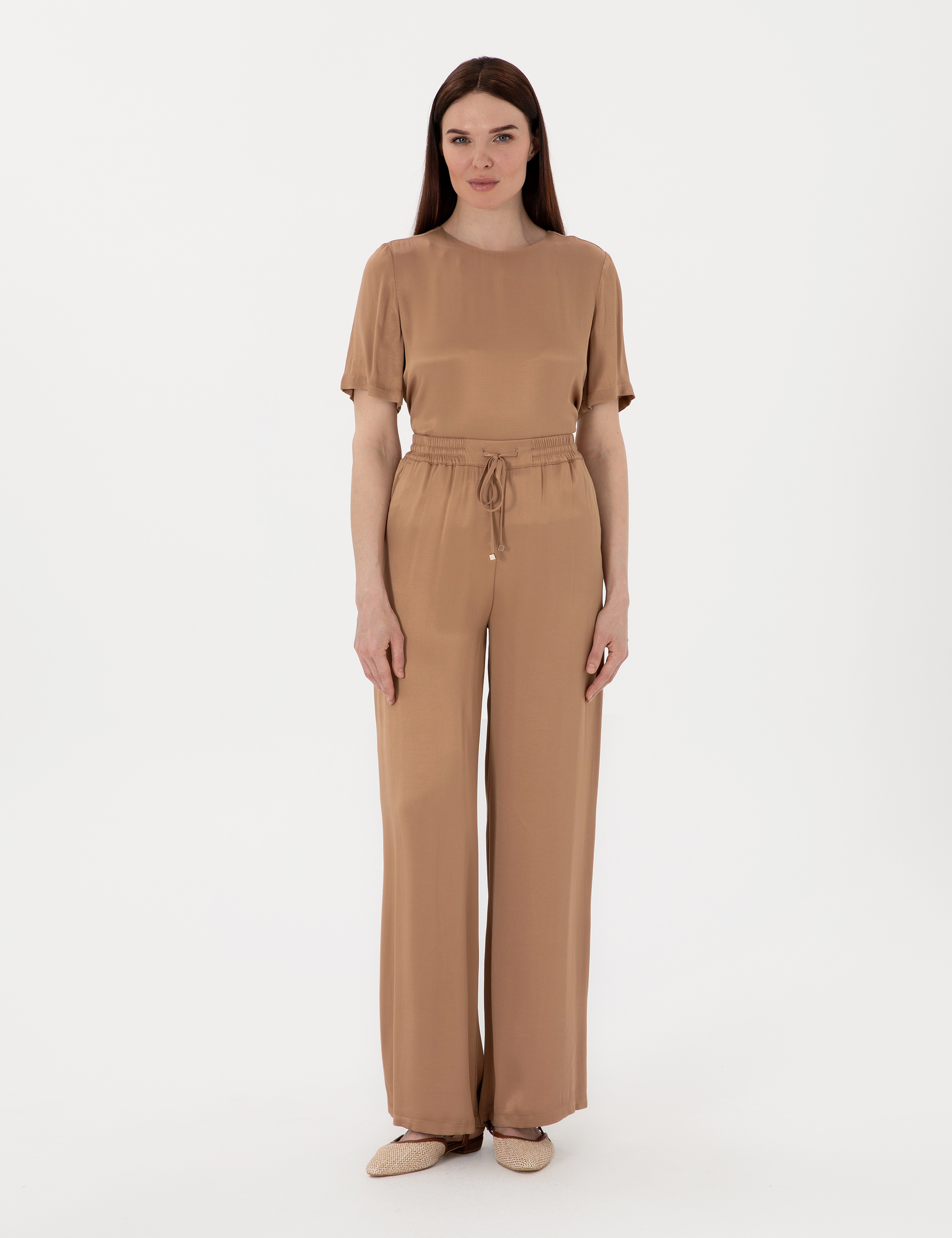 Kahverengi Saten Loose Fit Pantolon - Image 1