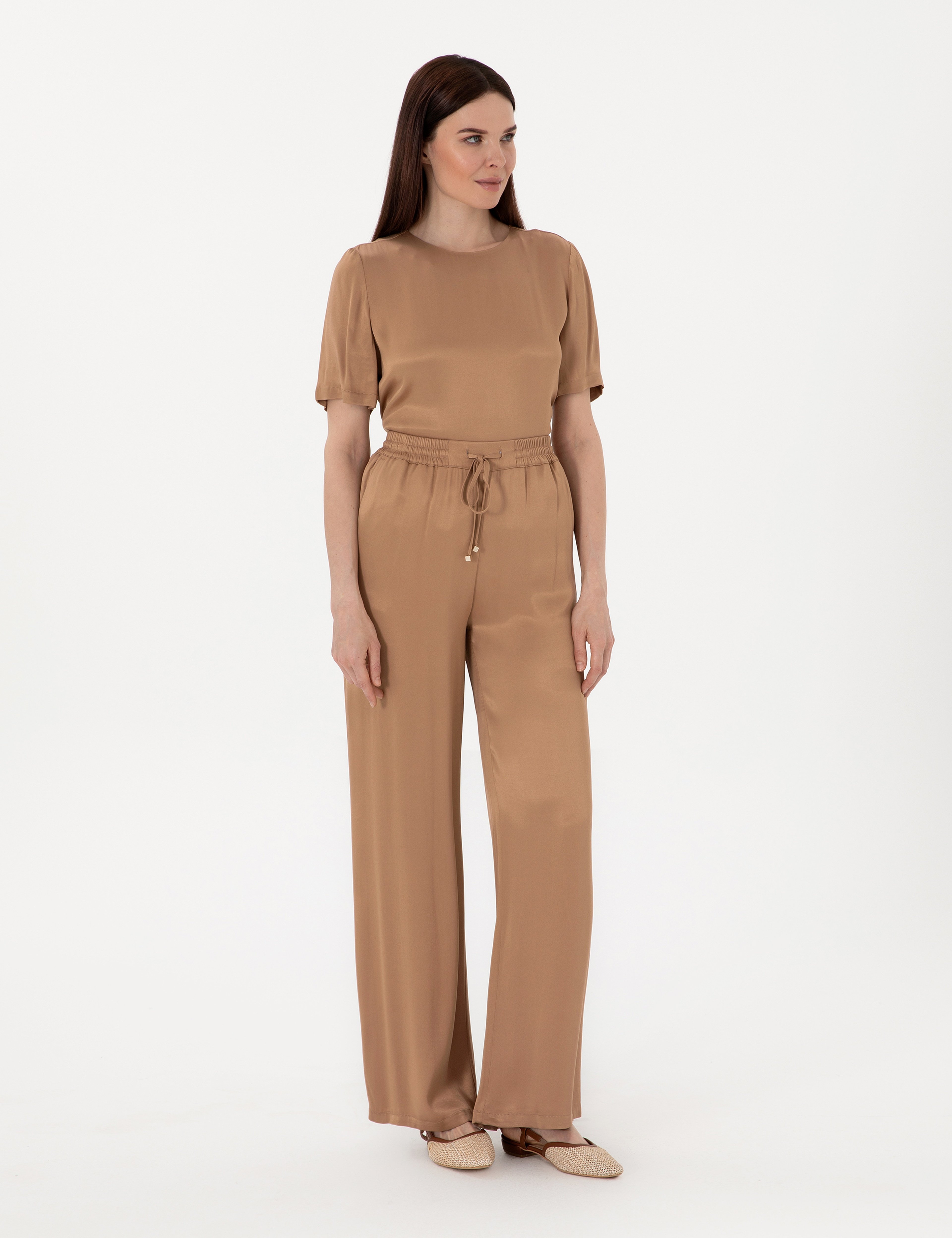 Kahverengi Saten Loose Fit Pantolon