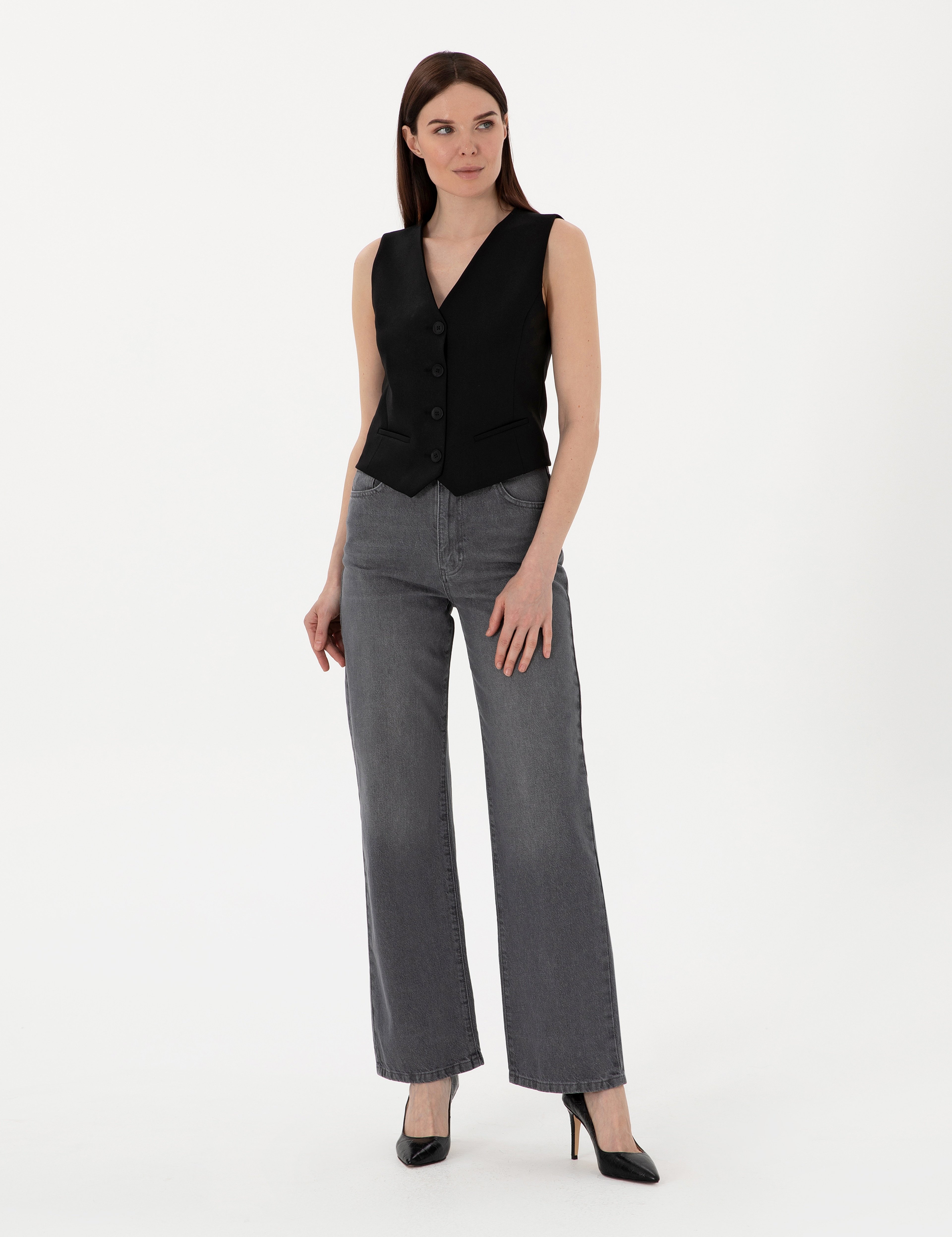 Antrasit High Waist Flare Fit Jean Pantolon