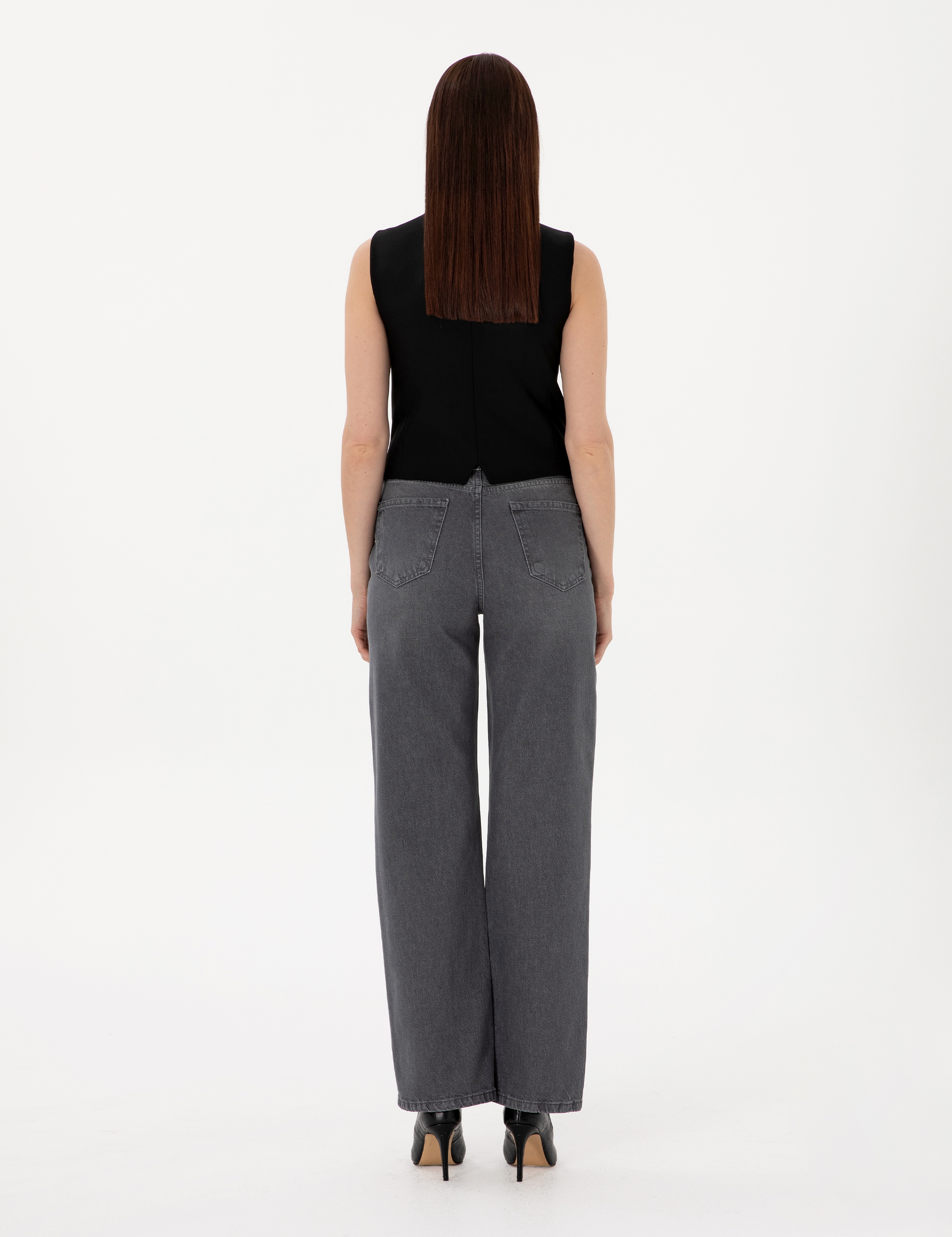 Antrasit High Waist Flare Fit Jean Pantolon - Image 4