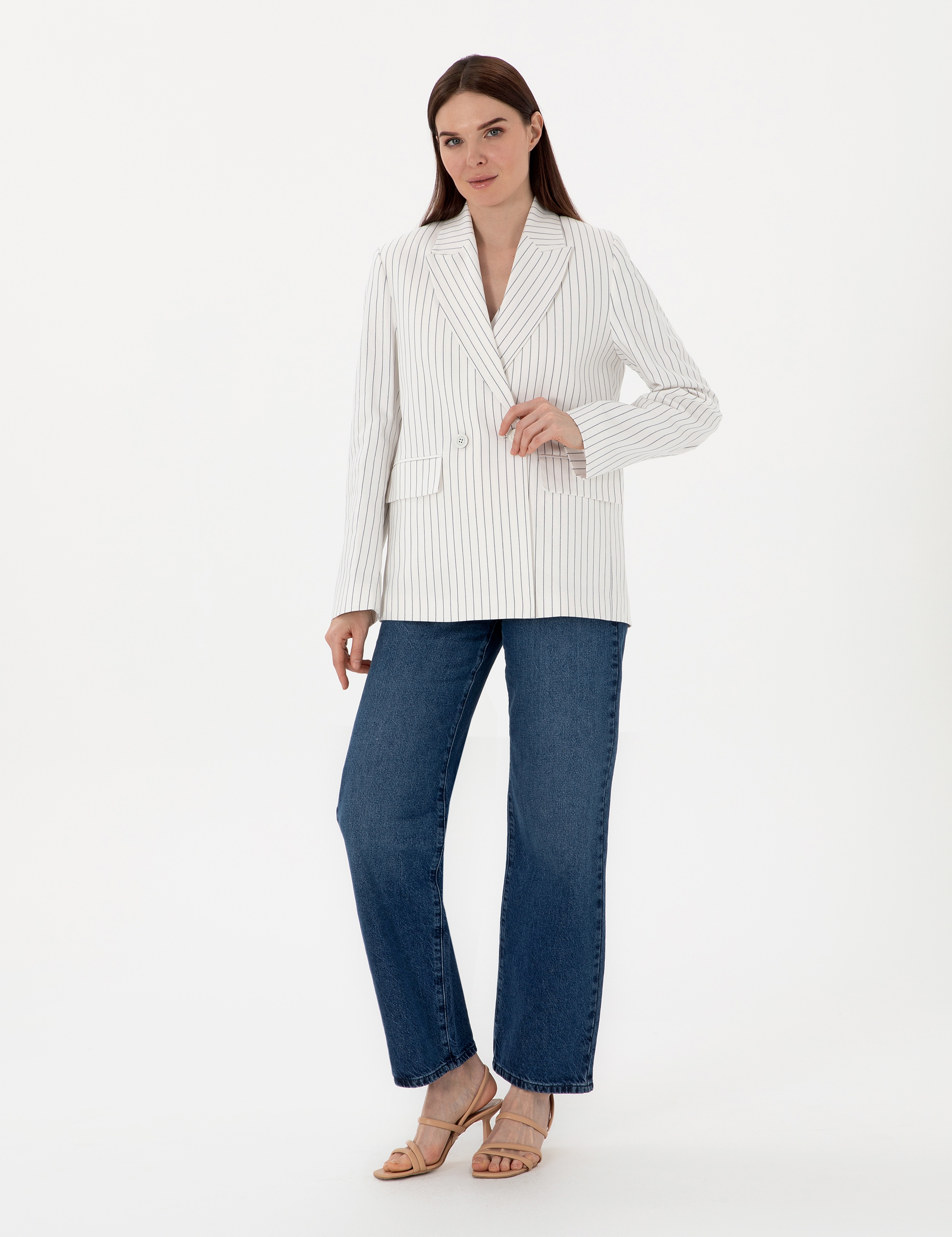 Ekru Keten Karışımlı Comfort Fit Kruvaze Ceket - Image 4