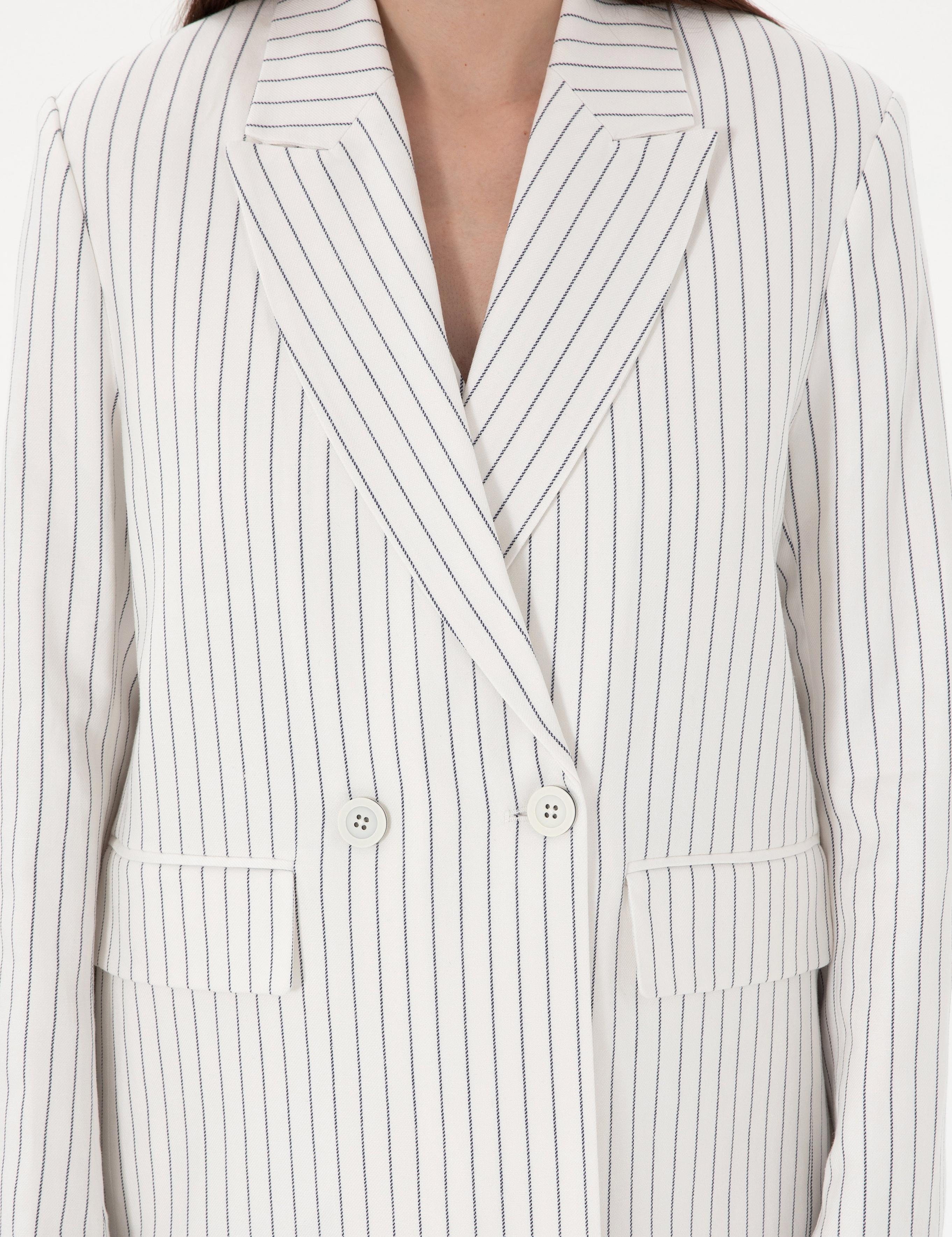 Ekru Keten Karışımlı Comfort Fit Kruvaze Ceket