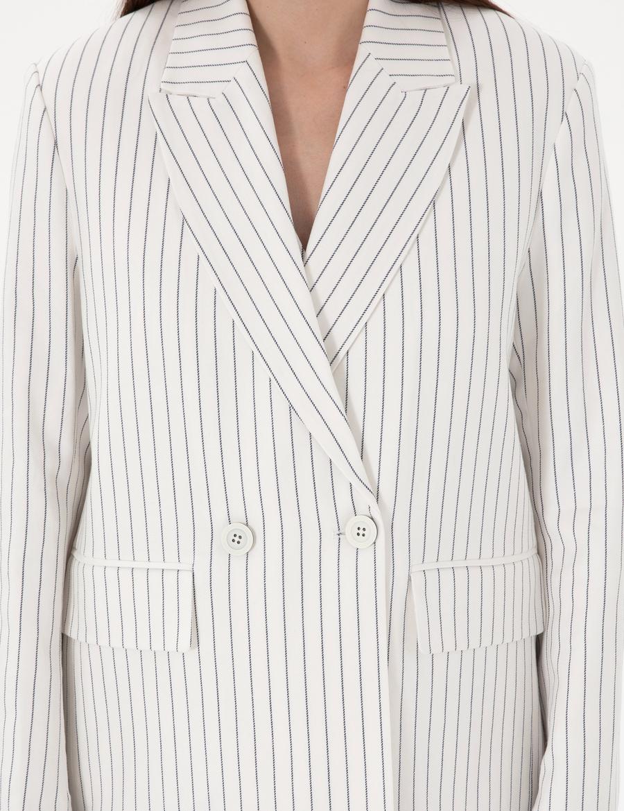 Ekru Keten Karışımlı Comfort Fit Kruvaze Ceket