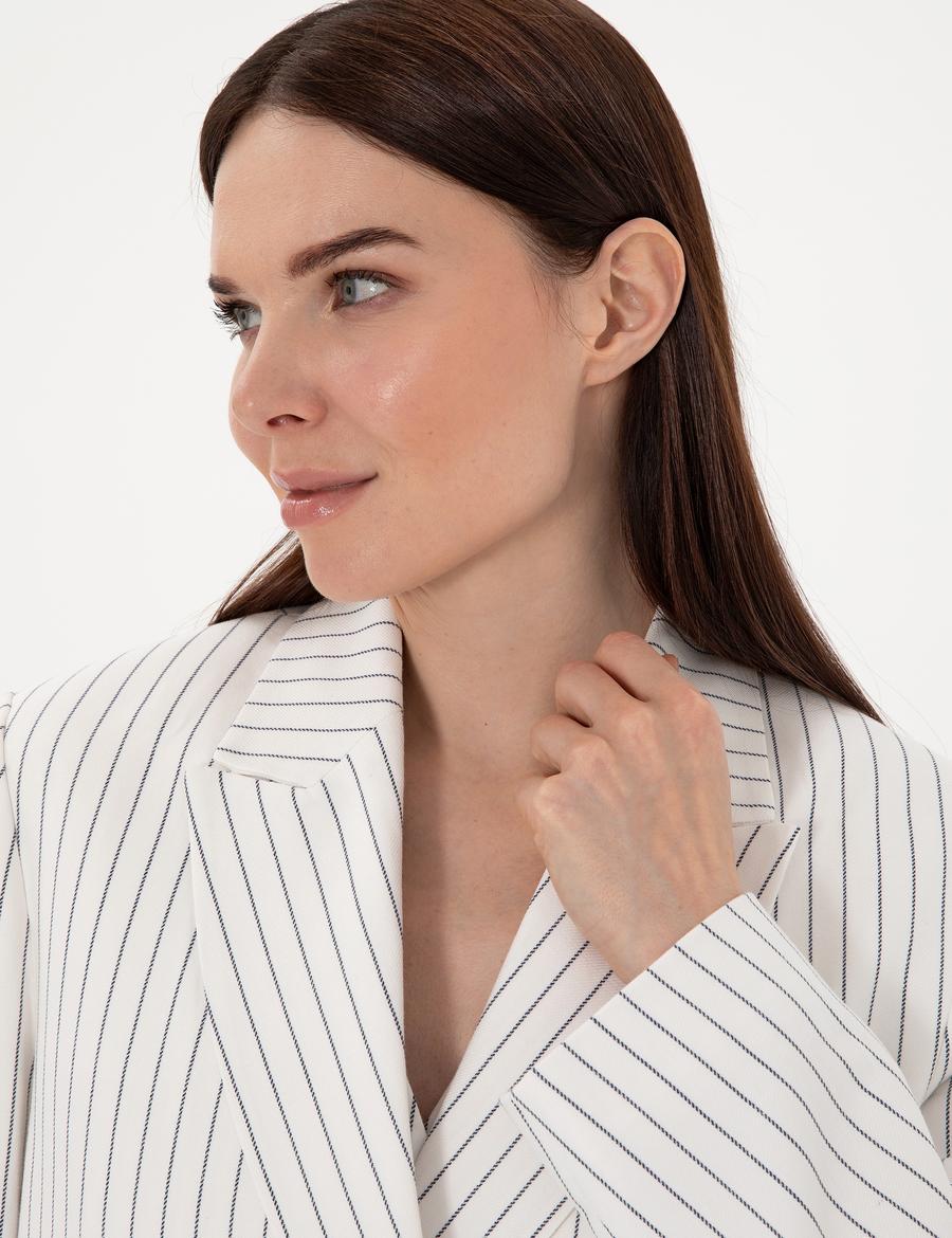 Ekru Keten Karışımlı Comfort Fit Kruvaze Ceket