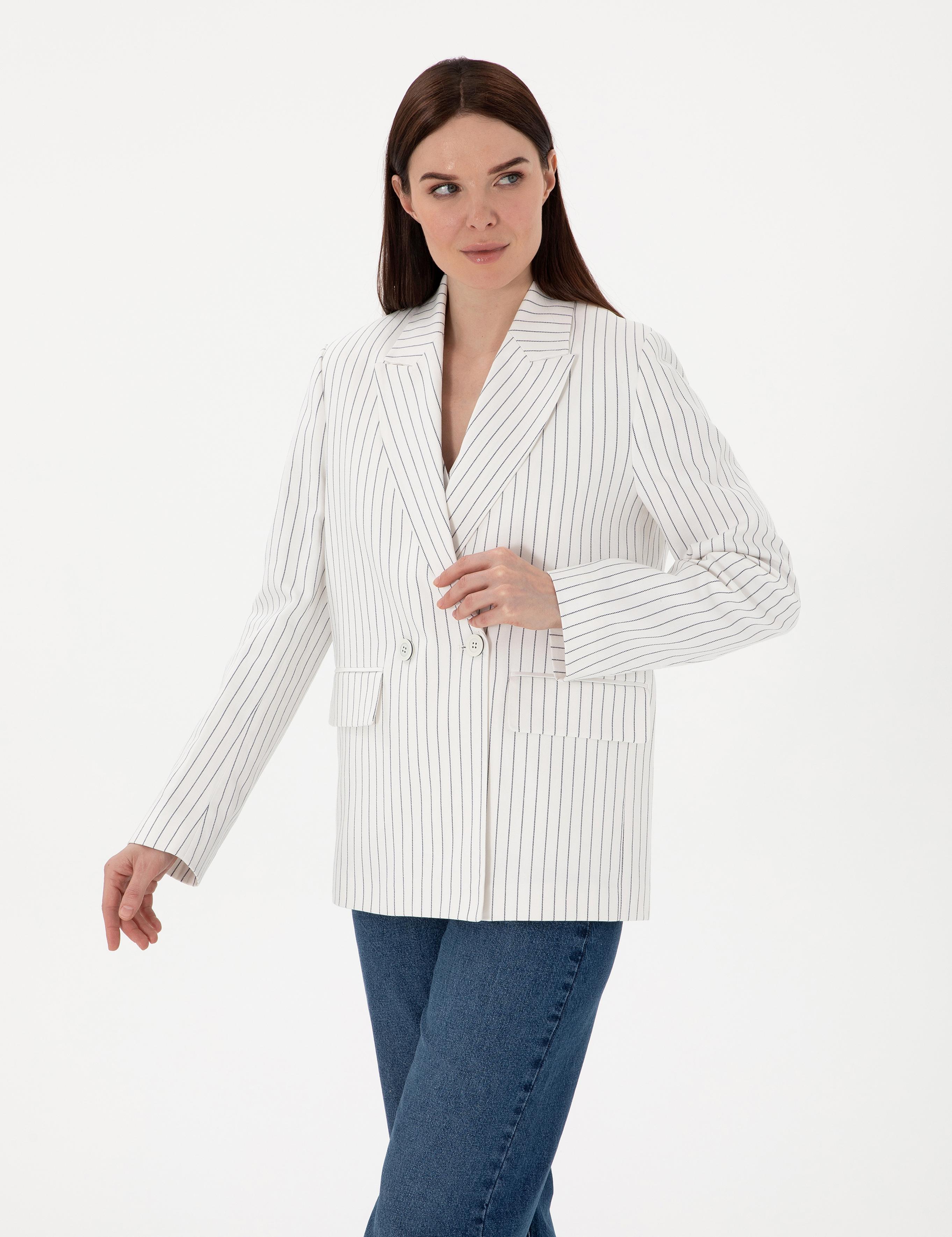 Ekru Keten Karışımlı Comfort Fit Kruvaze Ceket