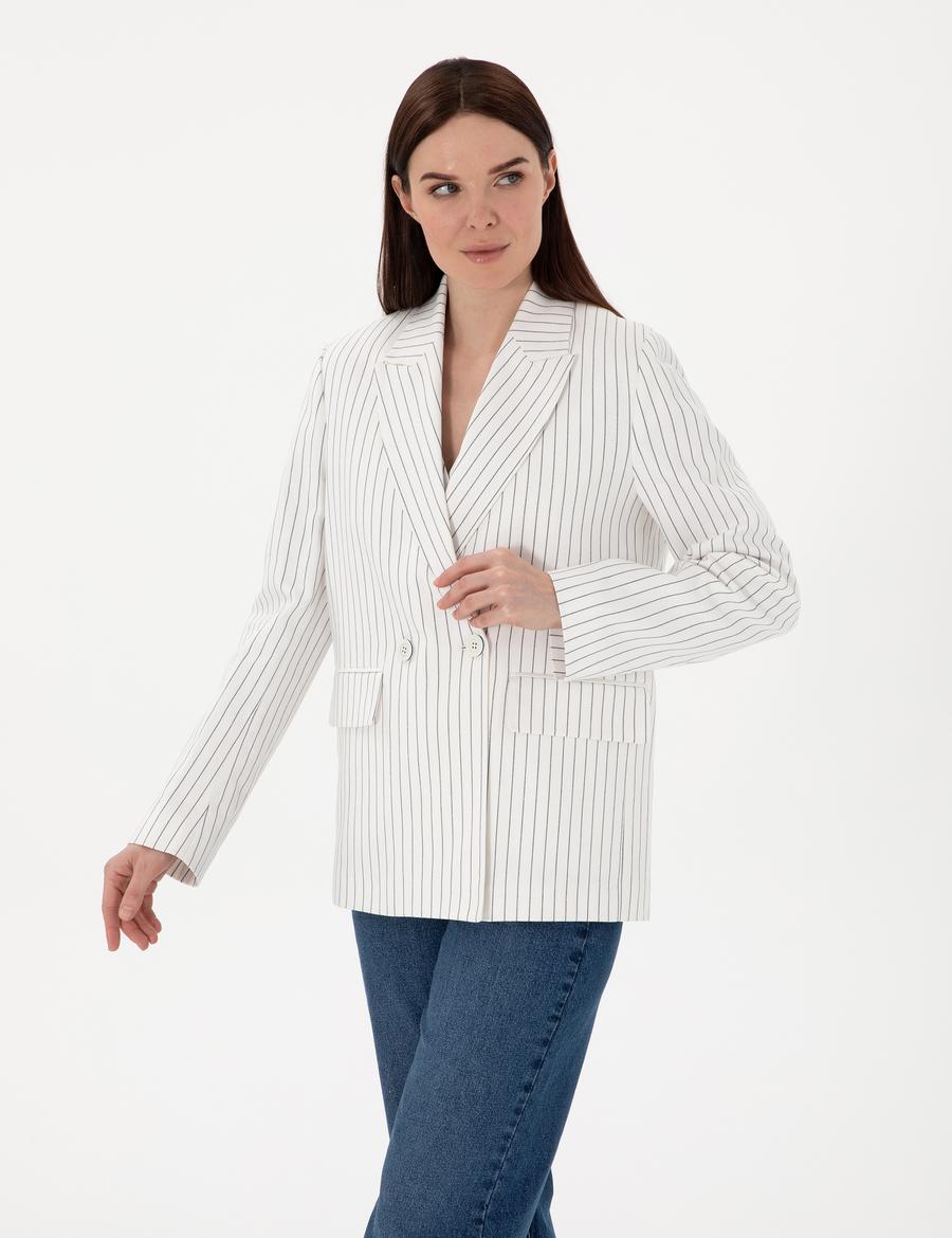 Ekru Keten Karışımlı Comfort Fit Kruvaze Ceket