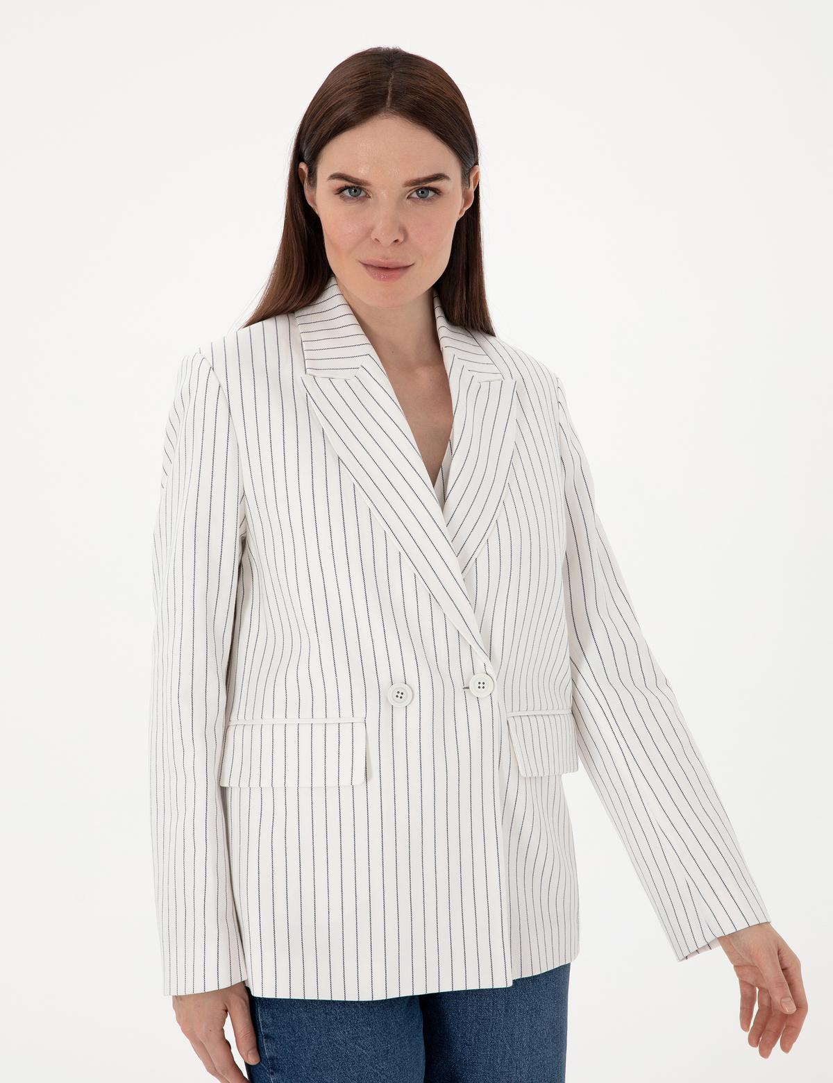 Ekru Keten Karışımlı Comfort Fit Kruvaze Ceket - 50300067007