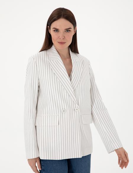 Ekru Keten Karışımlı Comfort Fit Kruvaze Ceket - 50300067007