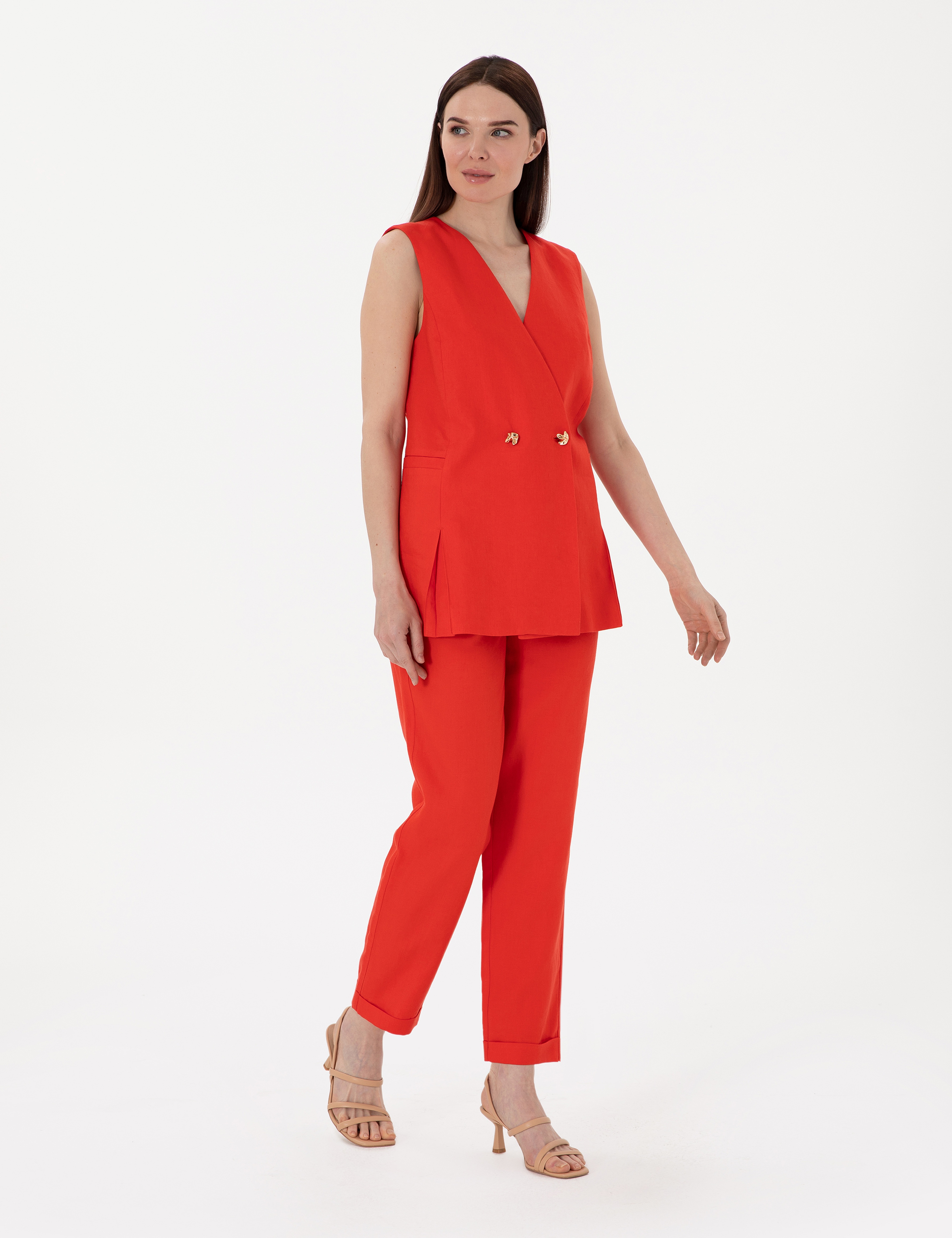 Kırmızı Regular Fit Keten Yelek - Image 4