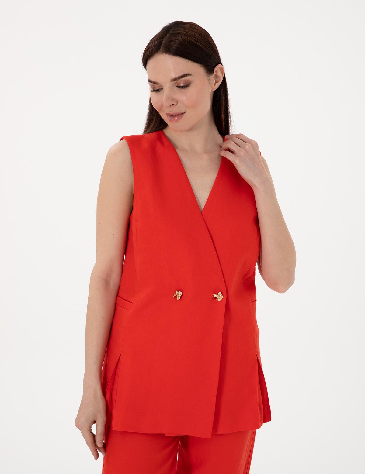 Kırmızı Regular Fit Keten Yelek - 50299984006