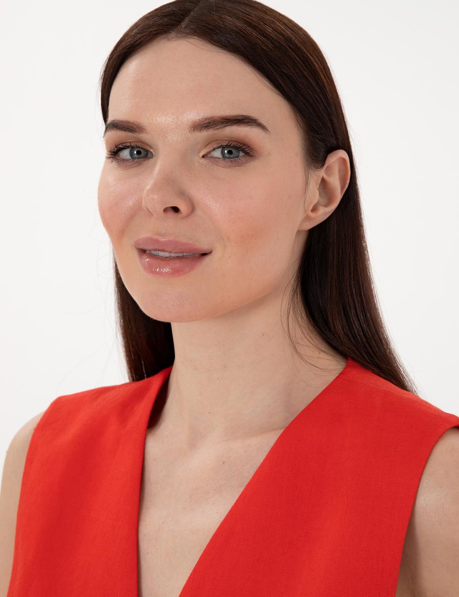 Kırmızı Regular Fit Keten Yelek