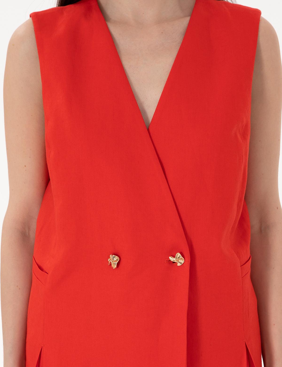 Kırmızı Regular Fit Keten Yelek - 50299984006