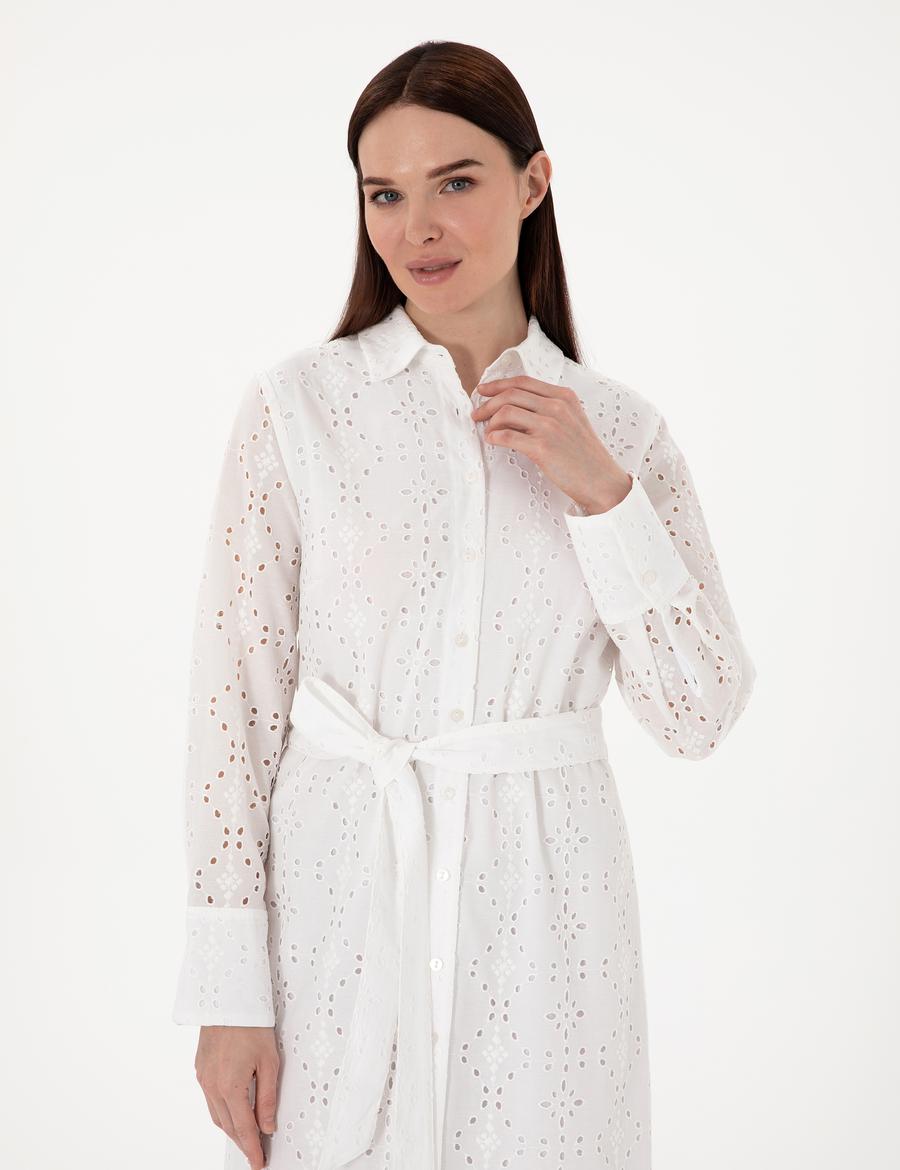 Beyaz Regular Fit Dokuma Elbise