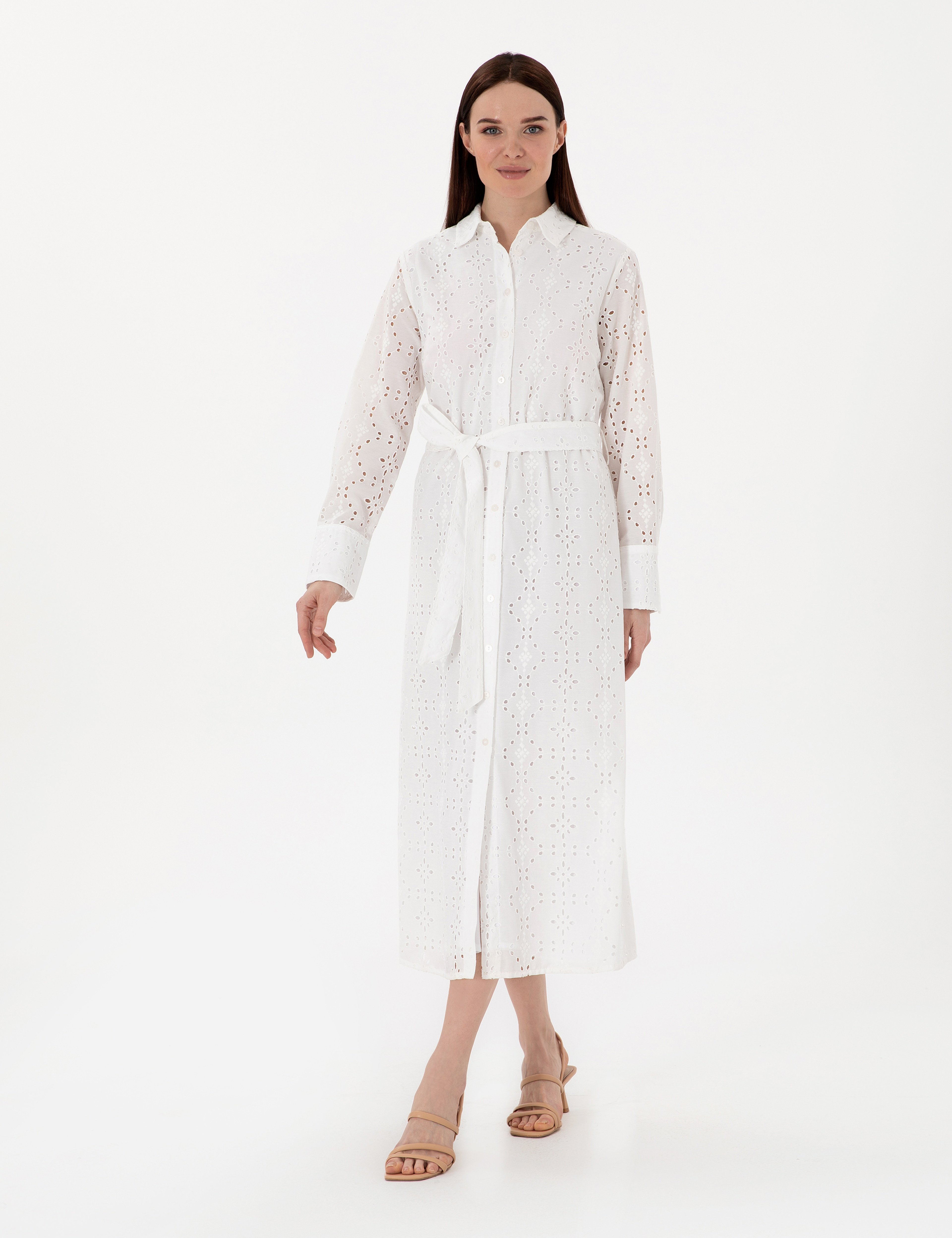 Beyaz Regular Fit Dokuma Elbise - Image 3